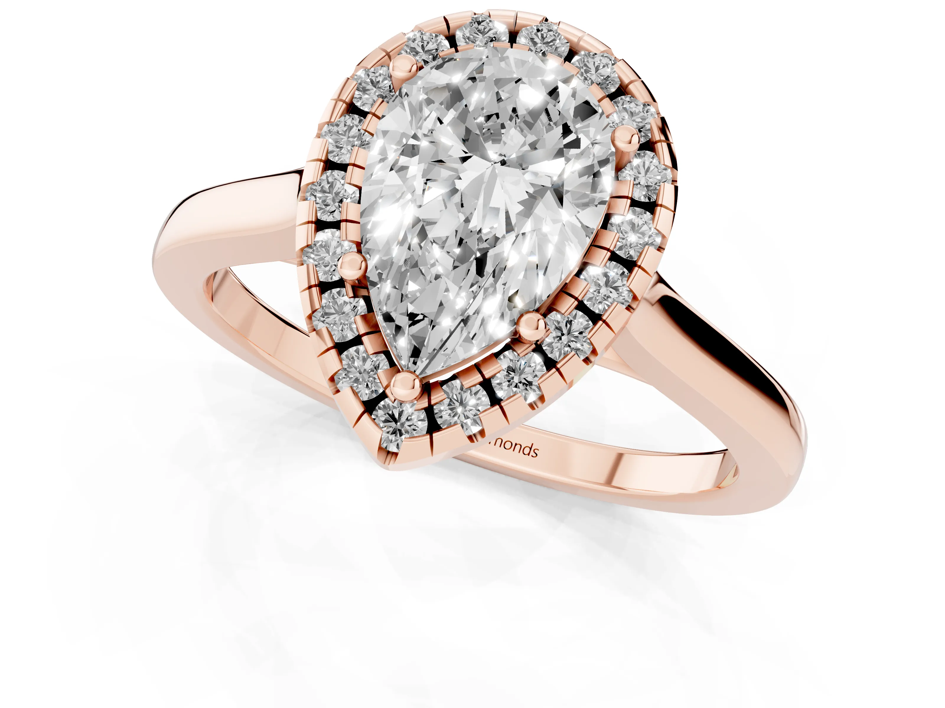Pear Cut Halo Round Diamond Solitaire Ring Set in Rose gold with Pavé Band and Prong Setting
