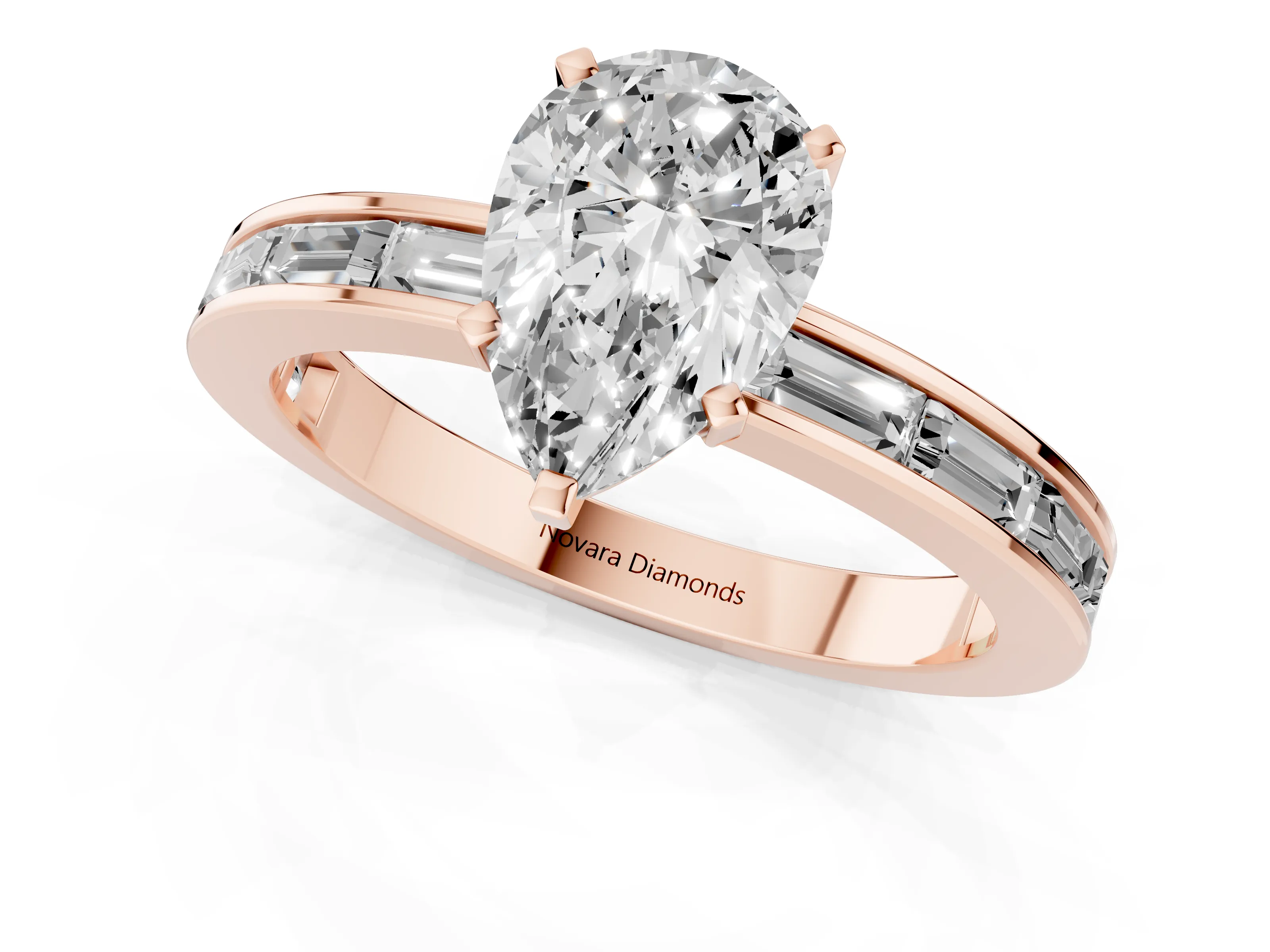 Pear Cut Diamond Solitaire Ring Set in Rose gold with Channel-Set Baguette Band and Prong Setting