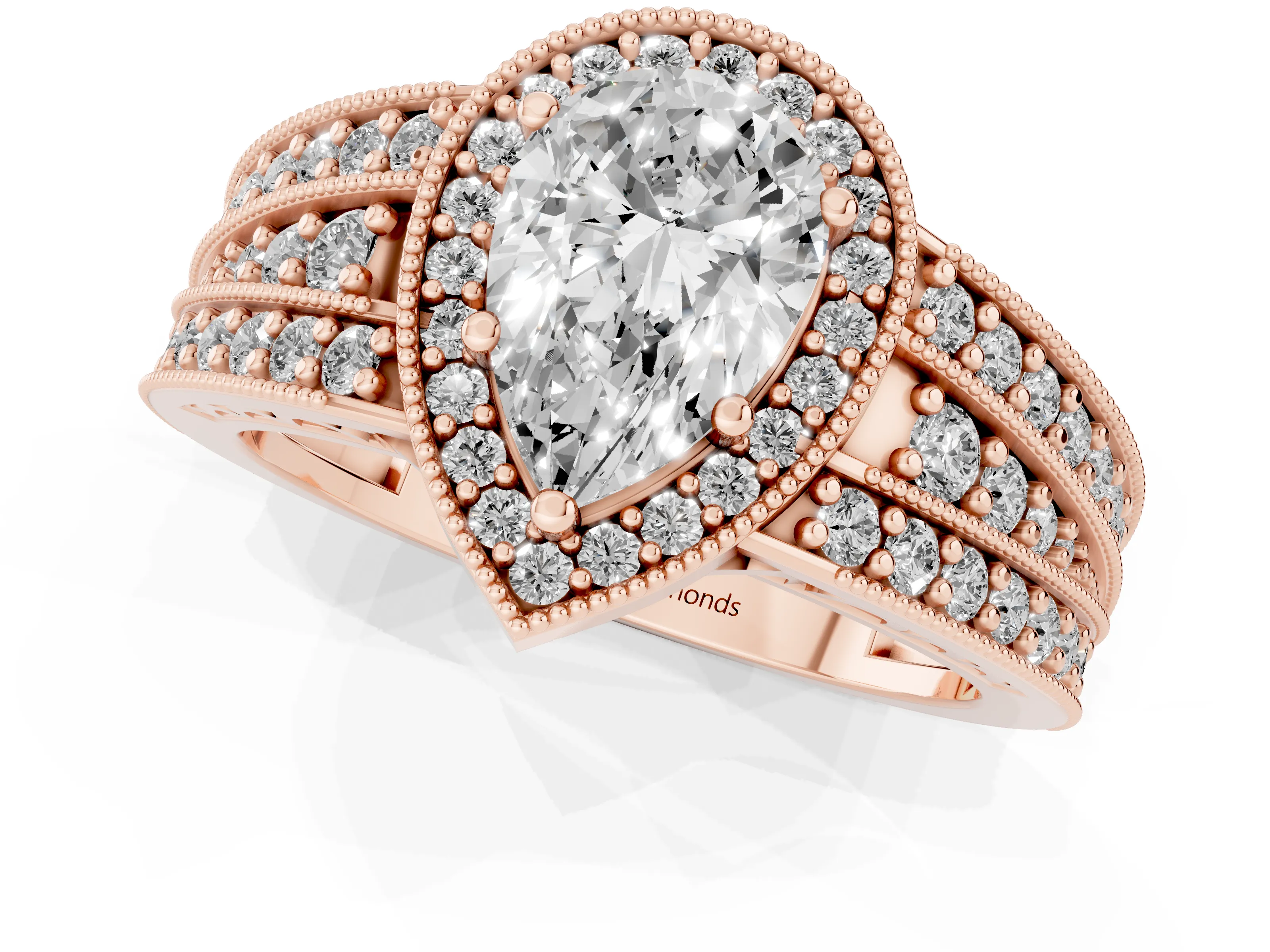 Pear Cut Diamond Halo Ring Set in Rose gold with Accent Split Shank and Prong Setting