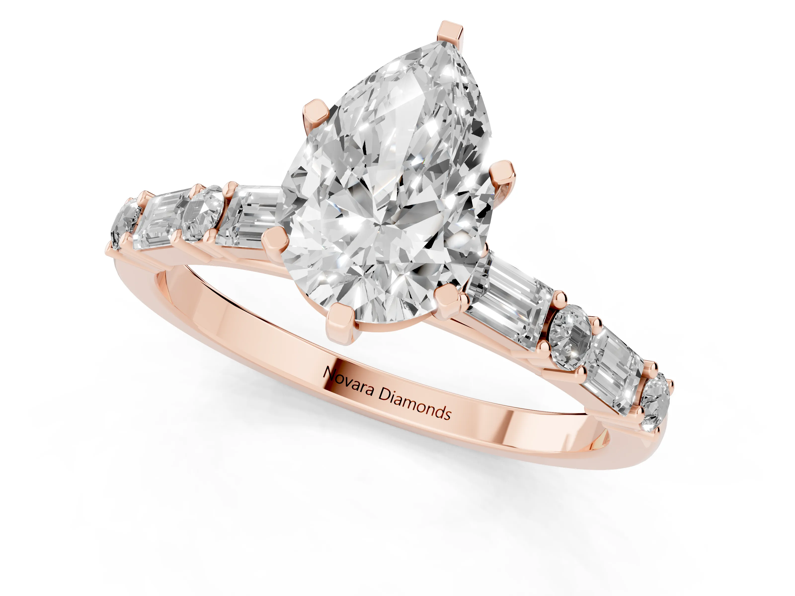 Pear Cut Diamond Solitaire Set in Rose gold with Side Baguettes and Channel Set Band