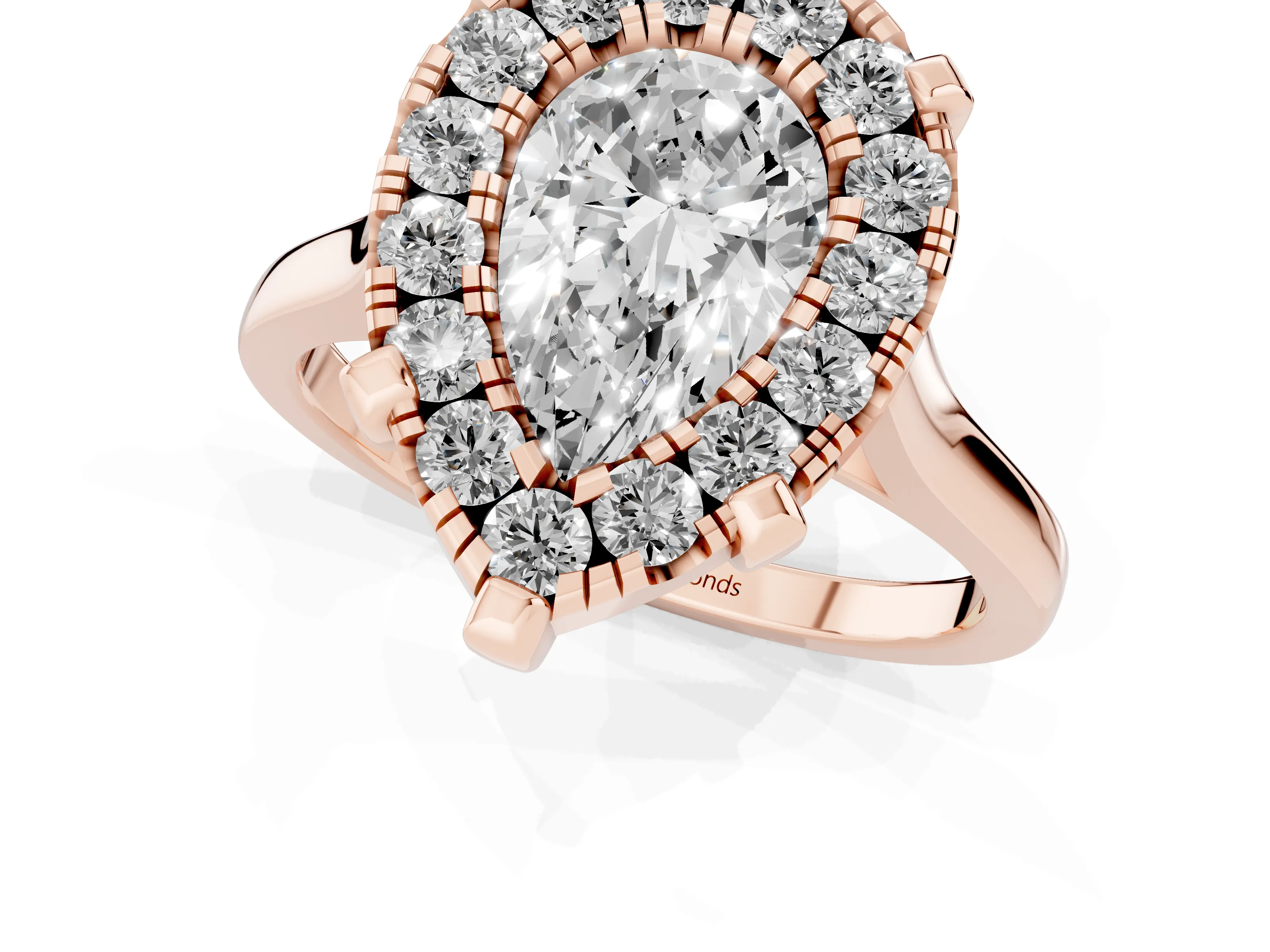 Pear Cut Diamond Cluster Halo Solitaire Ring Set in Rose gold with Prong Setting