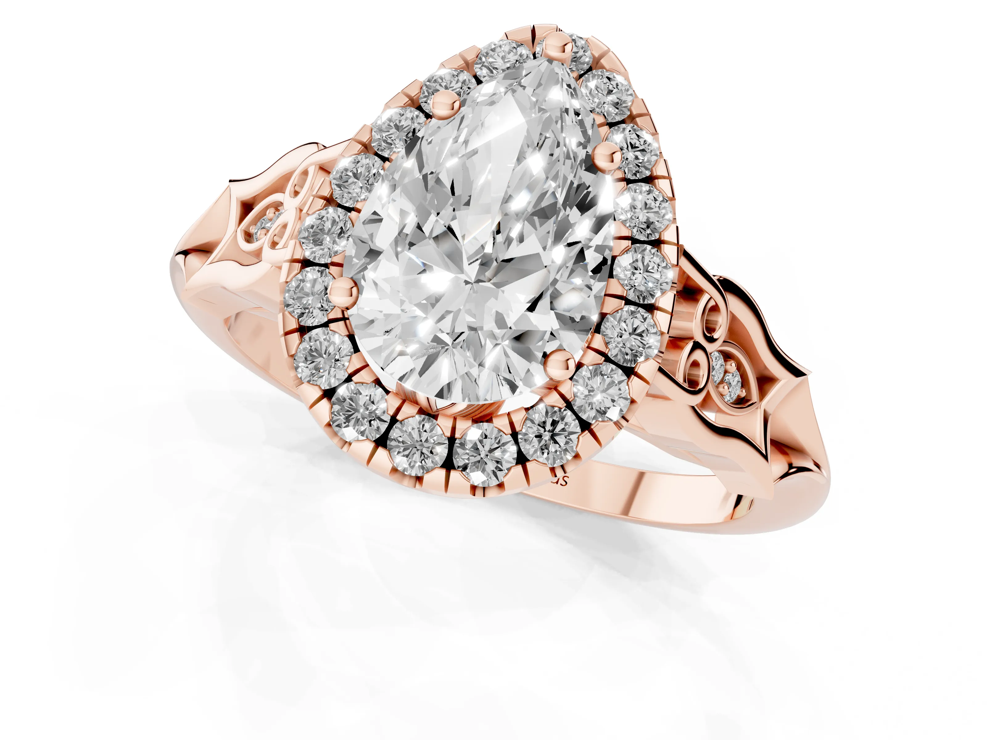 Pear Cut Diamond Halo Engagement Ring Set in Rose gold with Filigree Band and Prong-Set Center