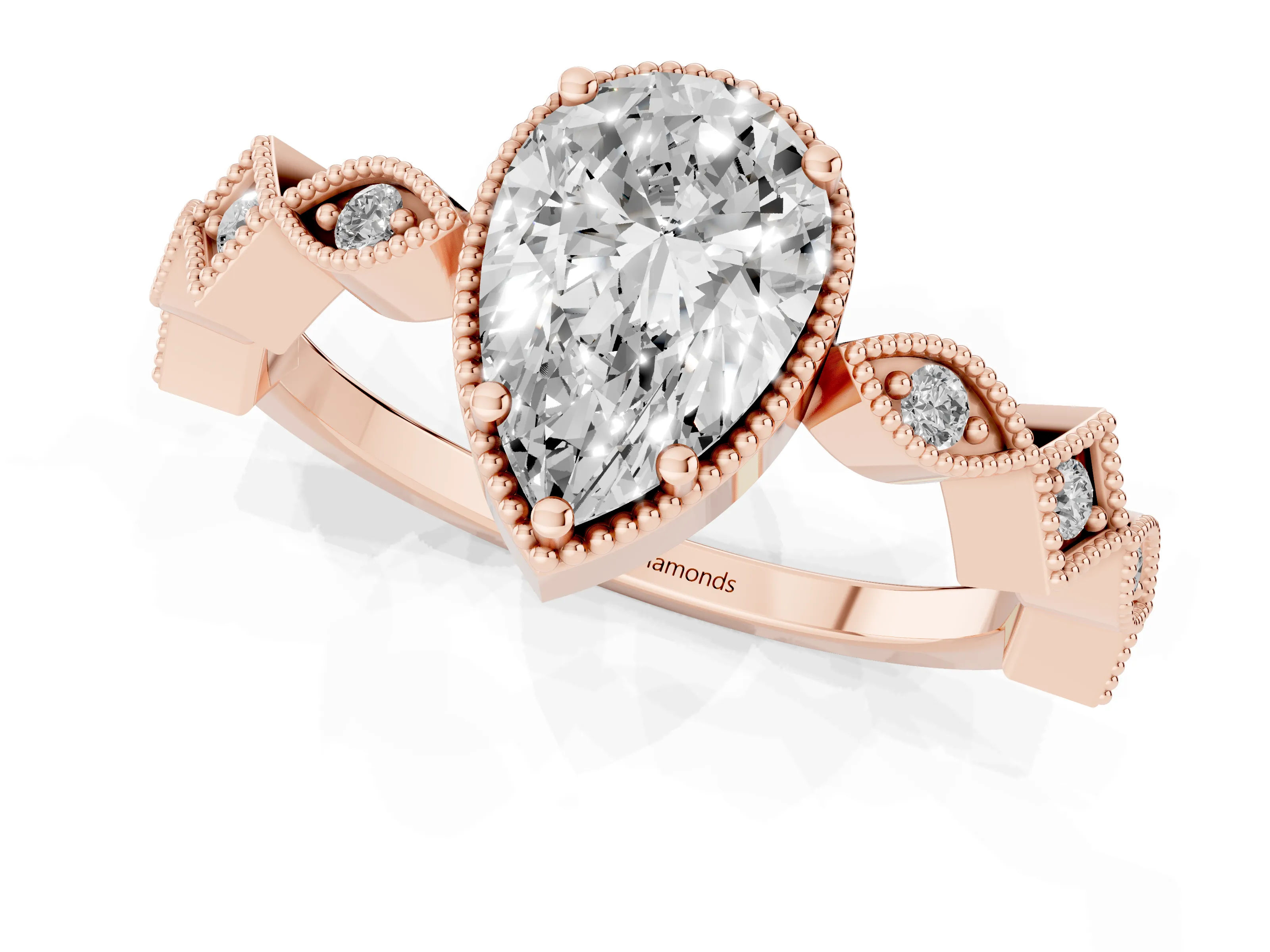 Pear Cut Diamond Milgrain Marquise Twist Band Ring Set in Rose gold with Prong Setting