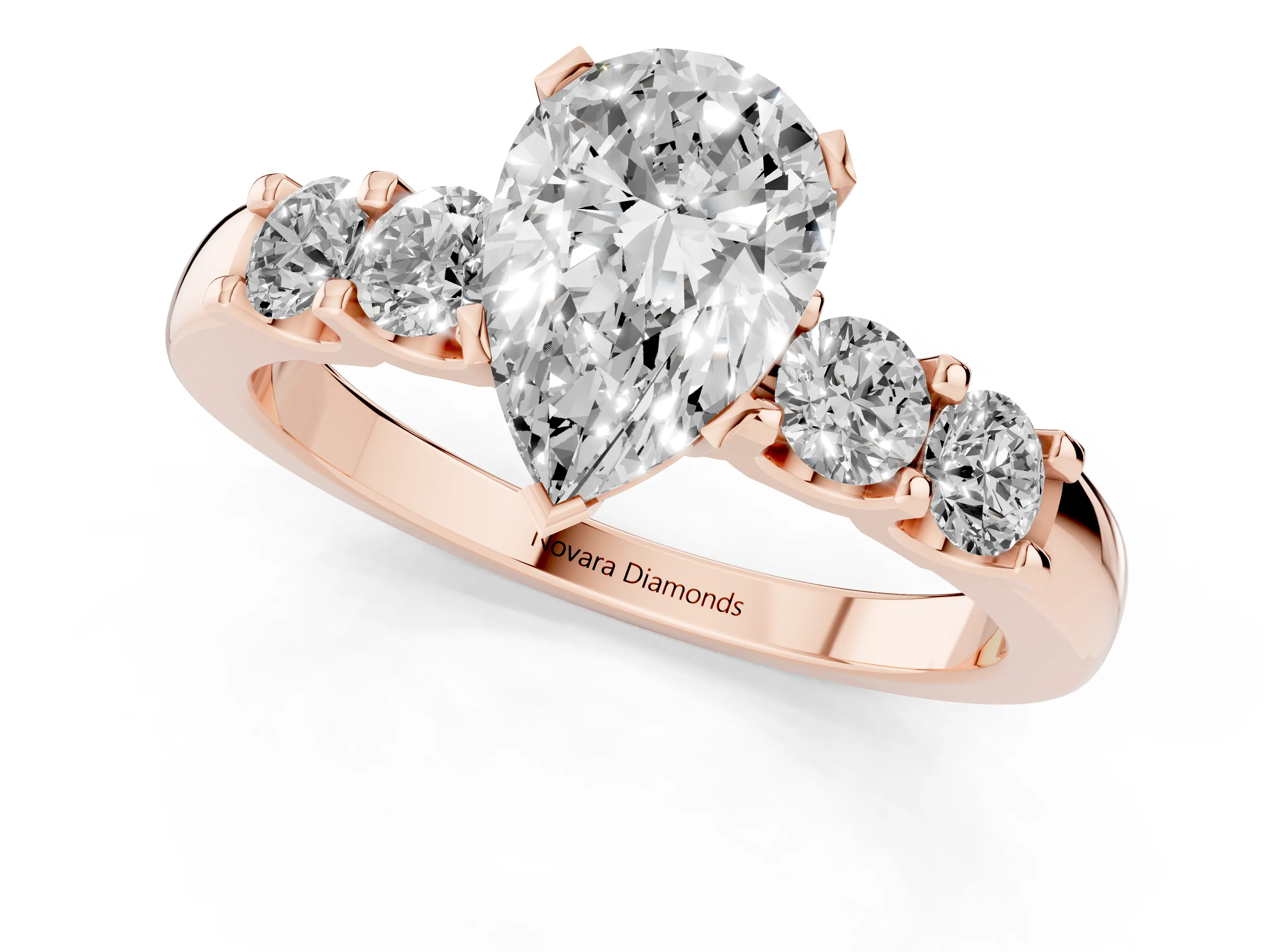Pear Cut Diamond Five-Stone Prong Set Engagement Ring Set in Rose gold with Channel Band