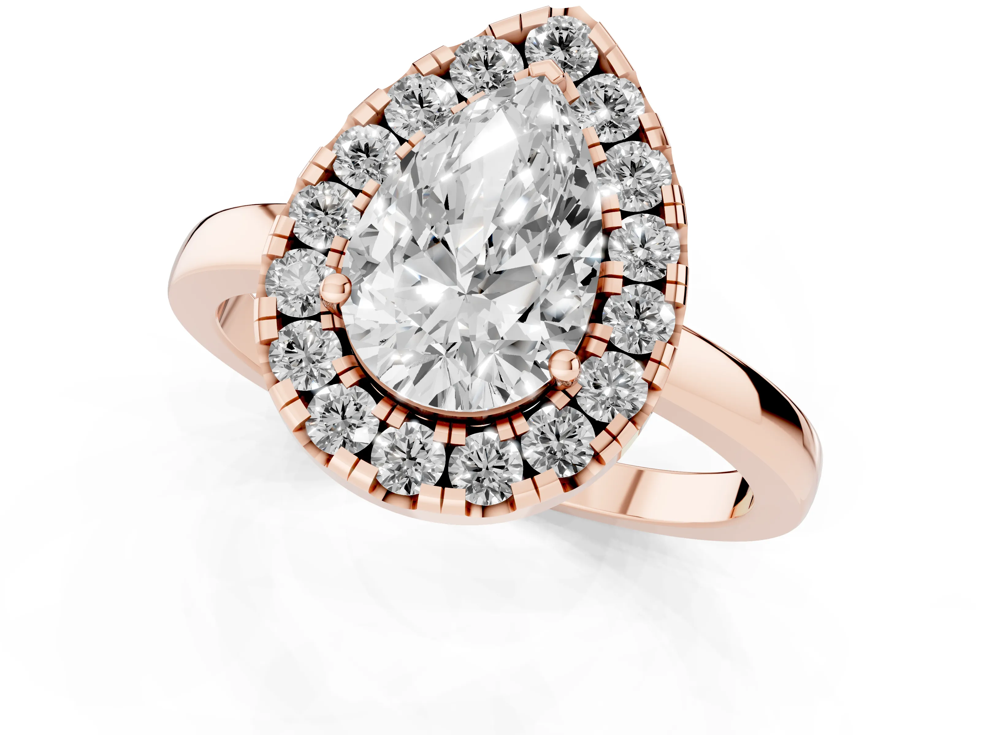 Pear Cut Diamond Halo Solitaire Ring Set in Rose gold with Pavé Band and Prong Setting