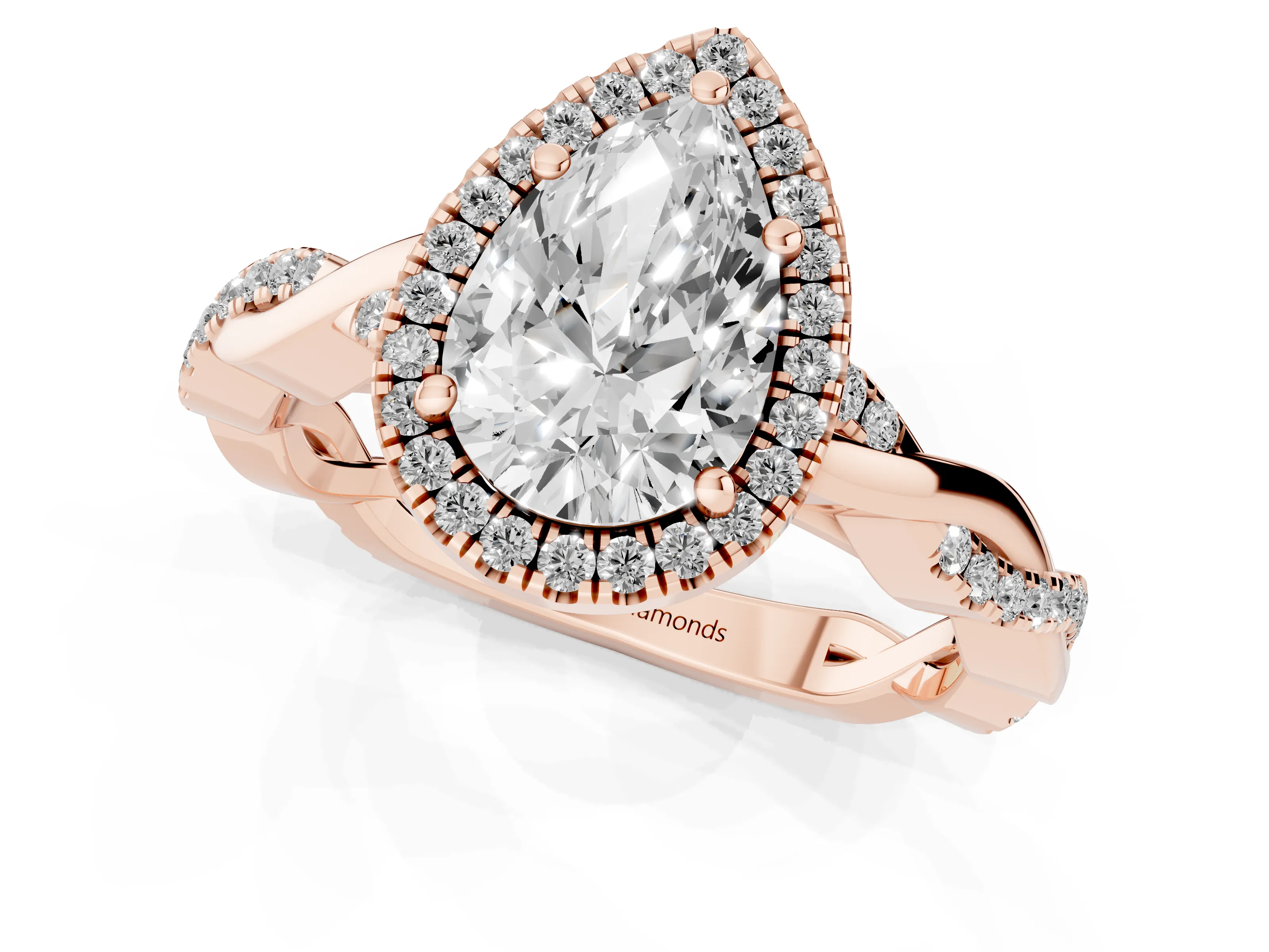 Pear Cut Diamond Halo Twisted Band Ring Set in Rose gold with Prong Setting