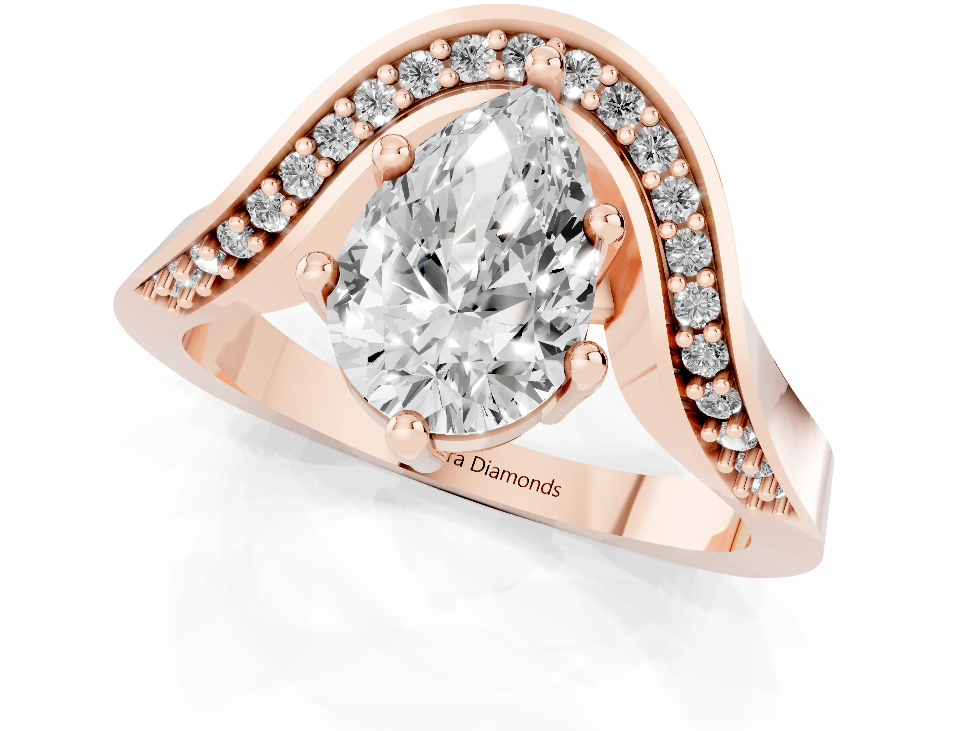 Pear Cut Diamond Solitaire Engagement Ring Set in Rose gold with Pavé Shoulders – second view