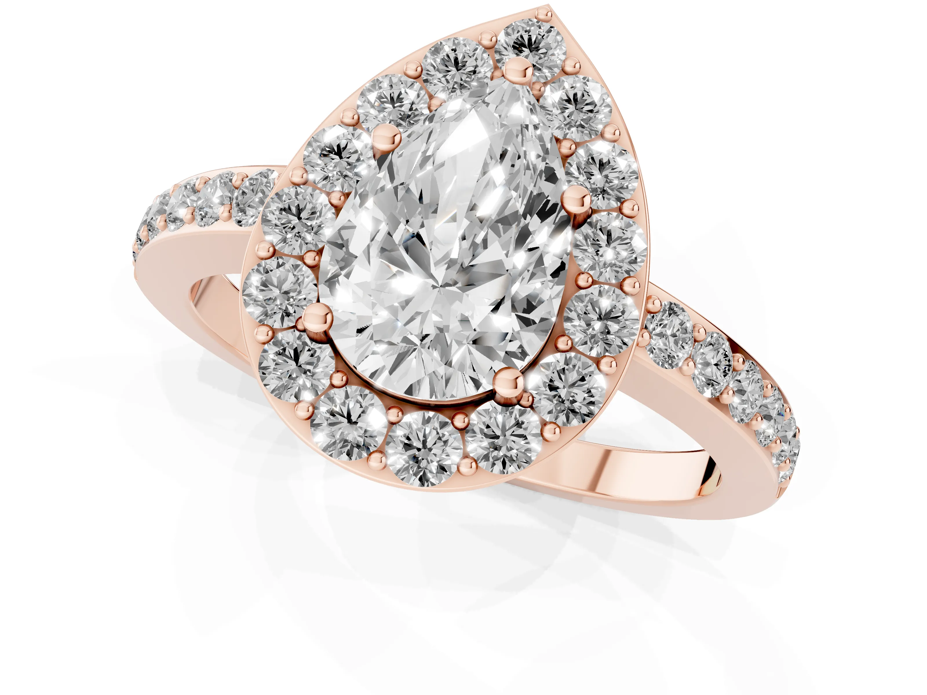 Pear Cut Diamond Halo Ring Set in Rose gold with Pavé-Setting Band and Open Prong Center – second view