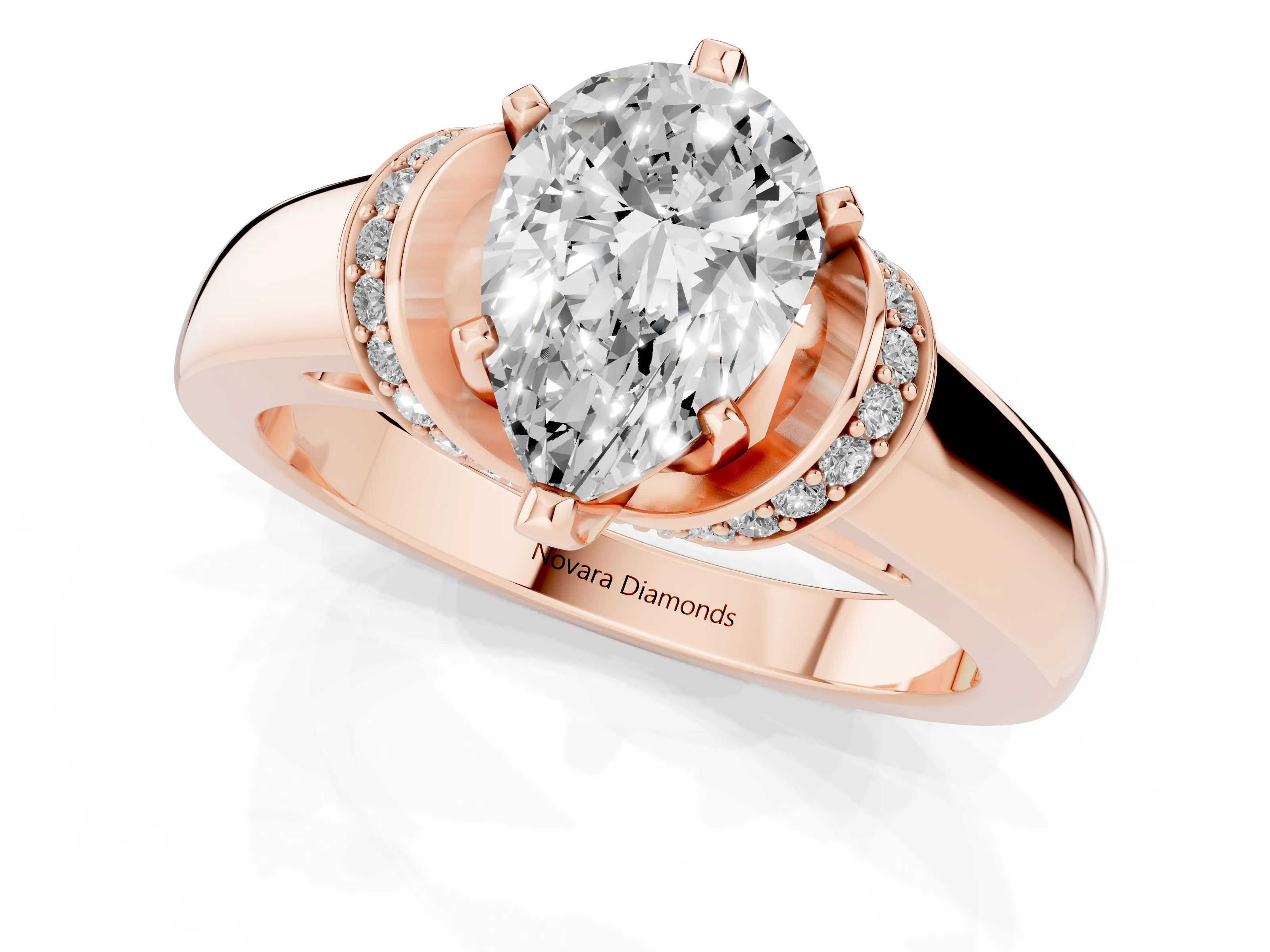 Pear Cut Diamond Pavé Band Solitaire Ring Set in Rose gold with Prong Setting