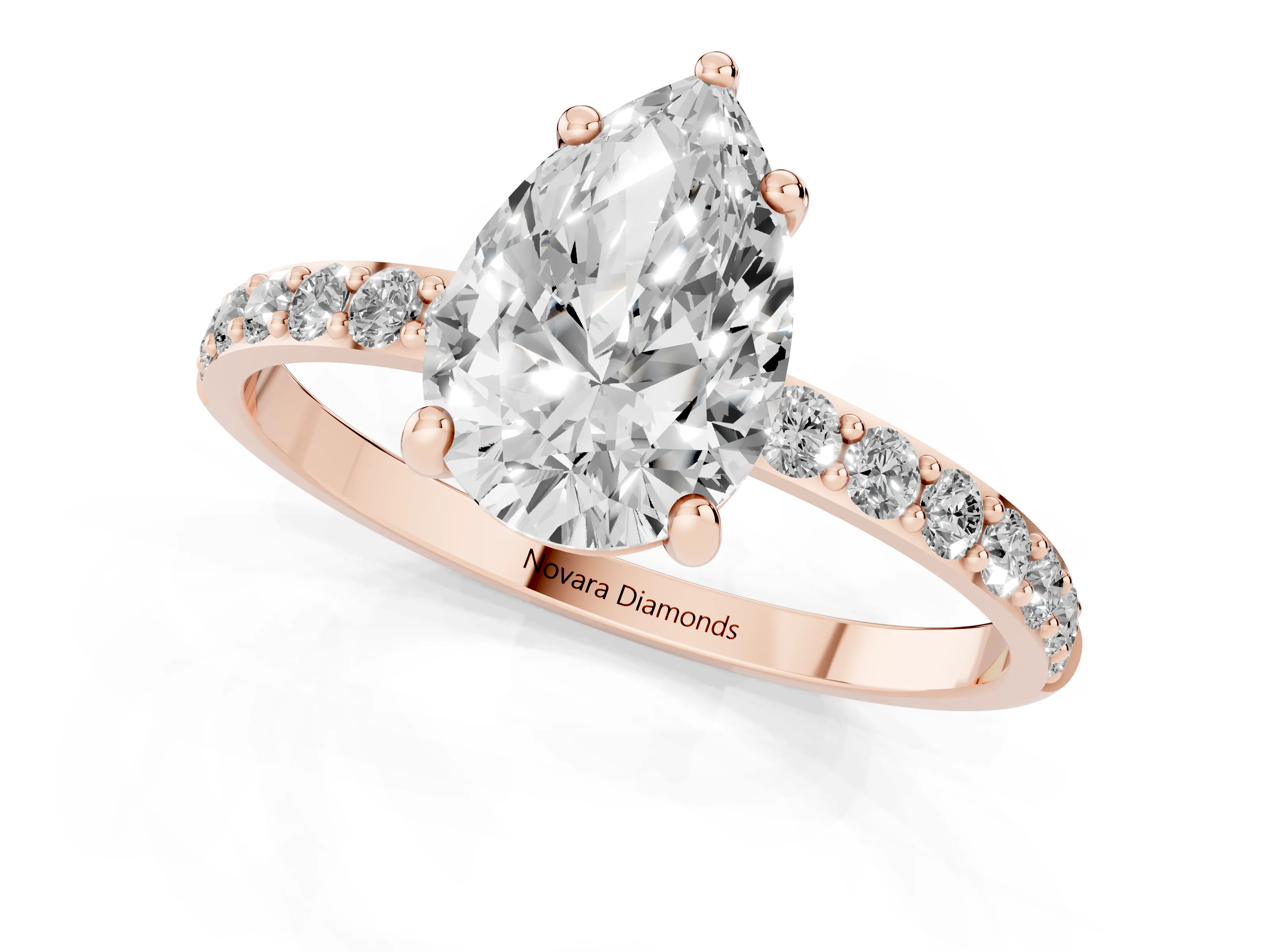 8 Carat Pear Cut Solitaire Ring Set in Rose gold with Round Pavé Band and Prong Setting