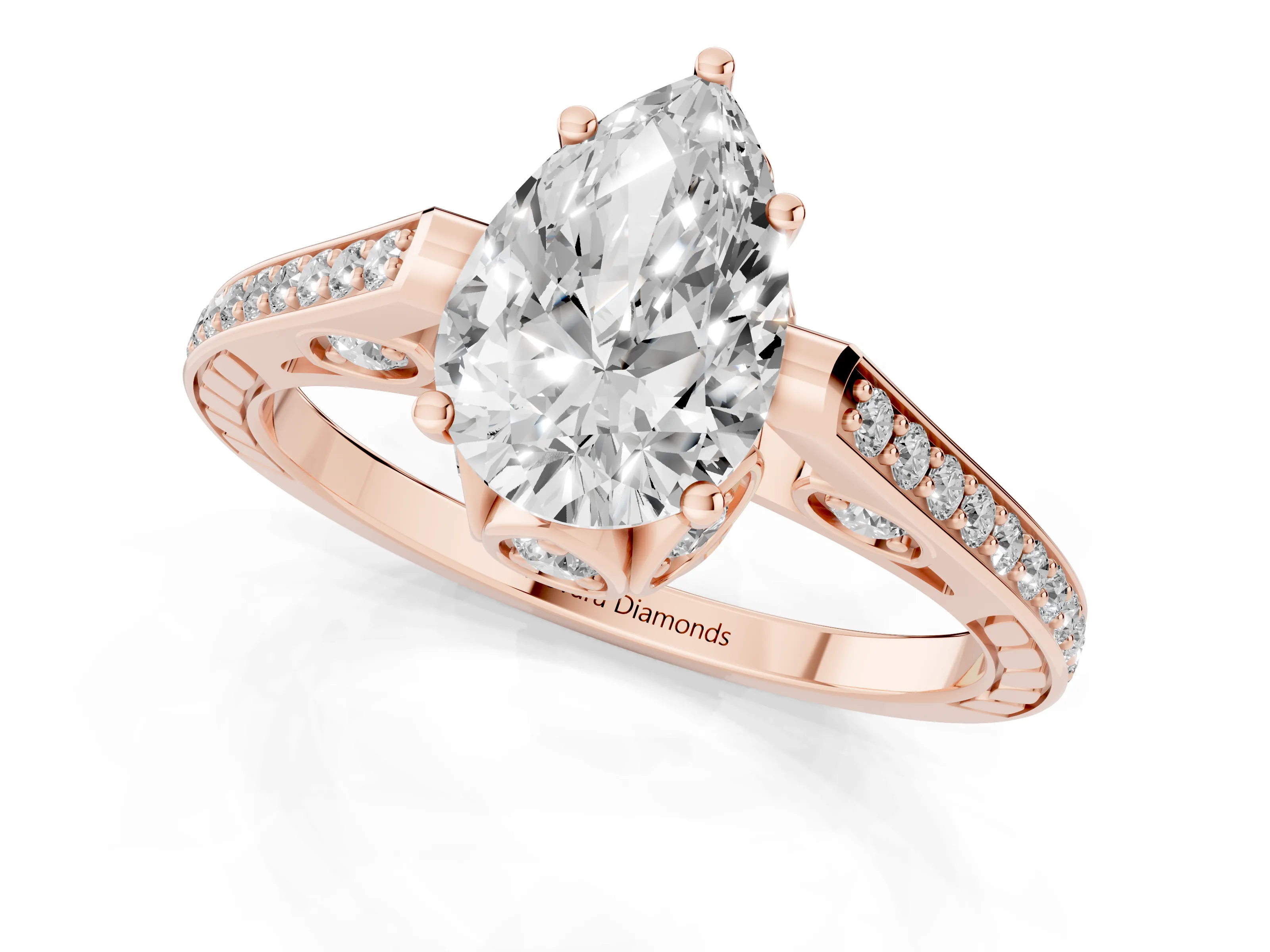 Pear Cut Diamond Cathedral Pavé Engagement Ring Set in Rose gold with Prong Setting