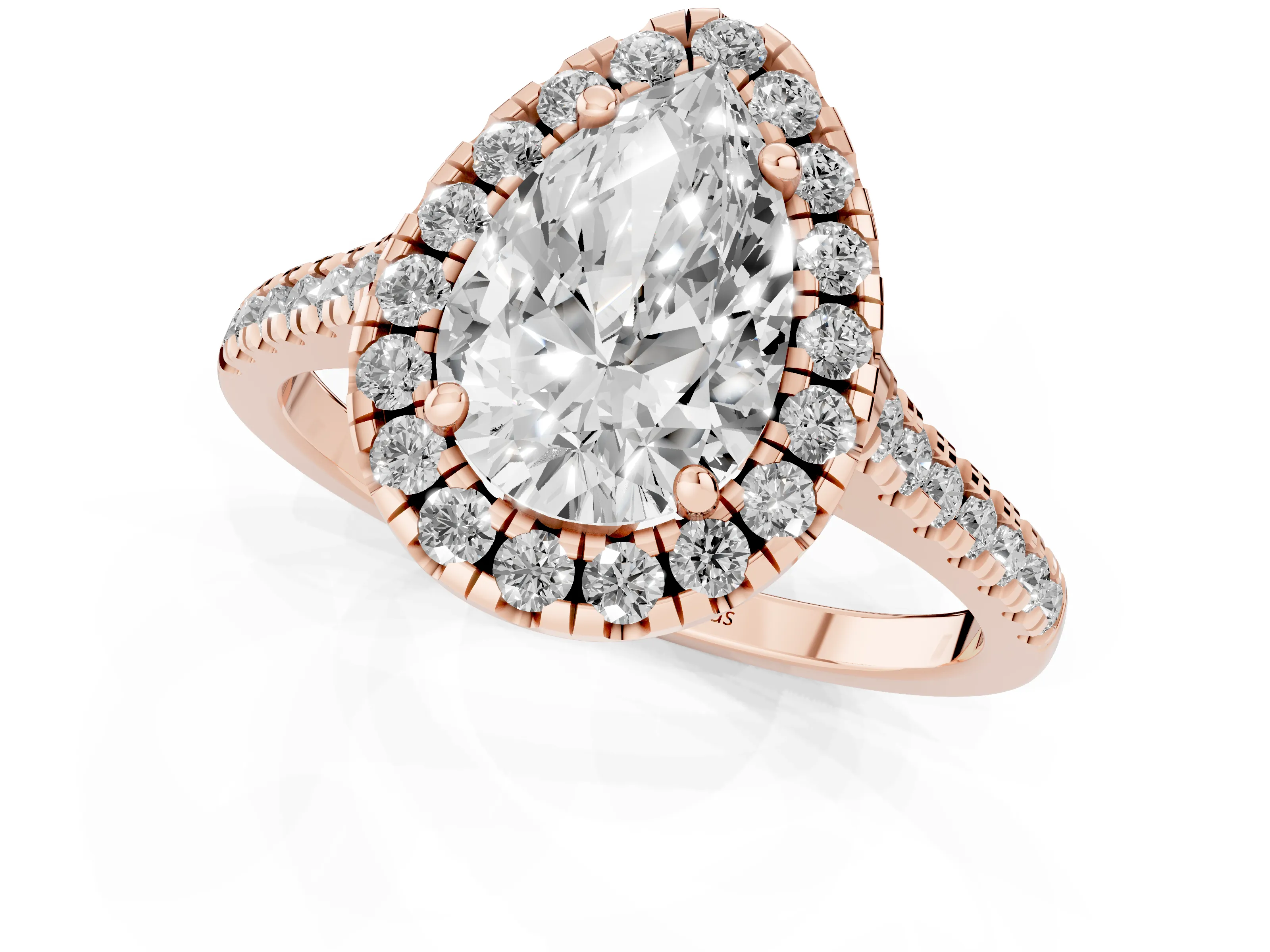 Pear Cut Diamond Cushion Halo Ring Set in Rose gold with Pavé Band