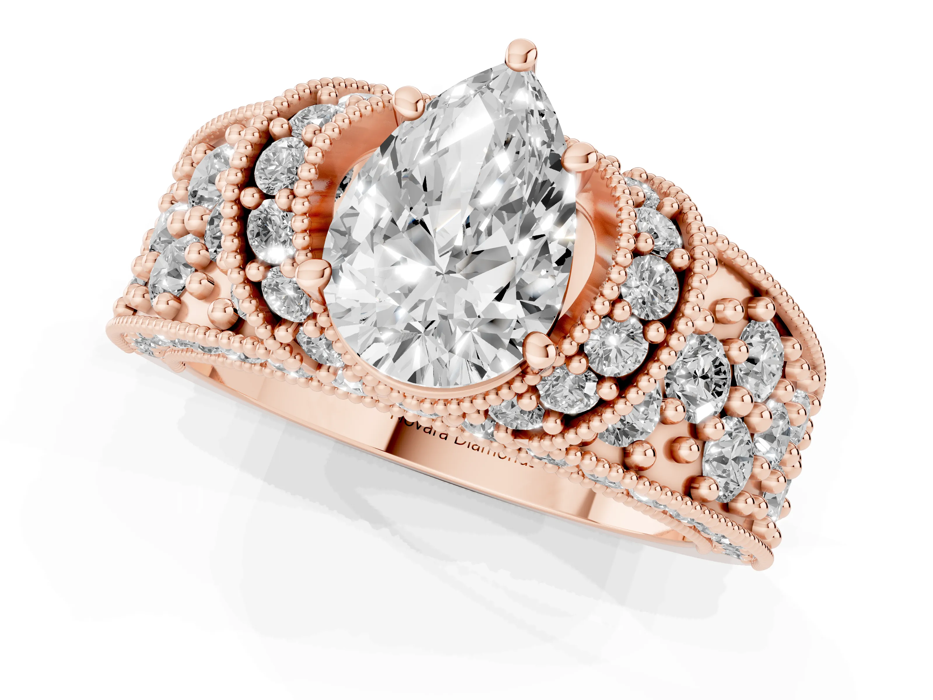 Pear Cut Diamond Milgrain Halo Pavé Engagement Ring Set in Rose gold with Prong Setting