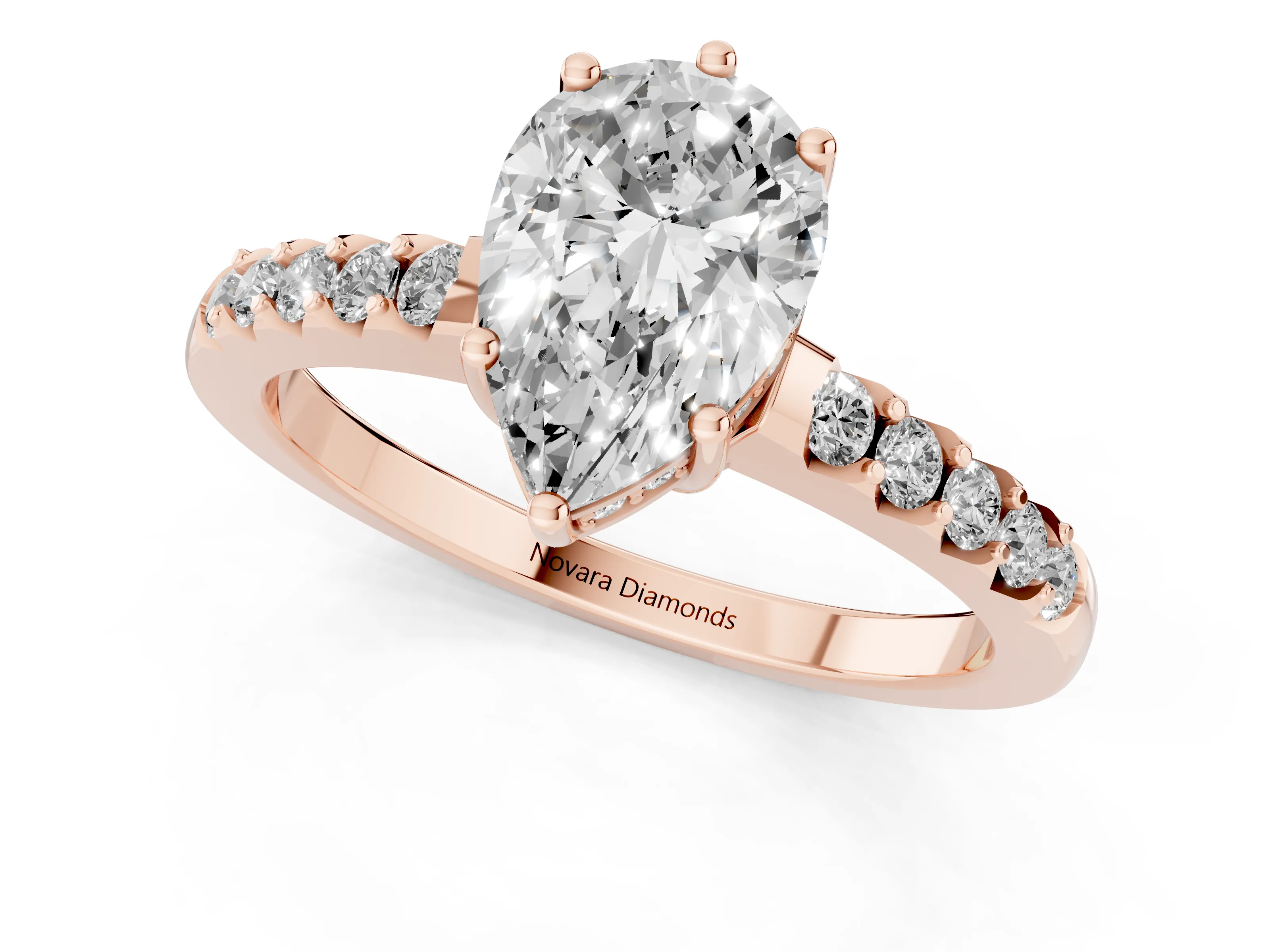 Pear Cut Diamond Solitaire Engagement Ring Set in Rose gold with Pavé Band and Prong Setting