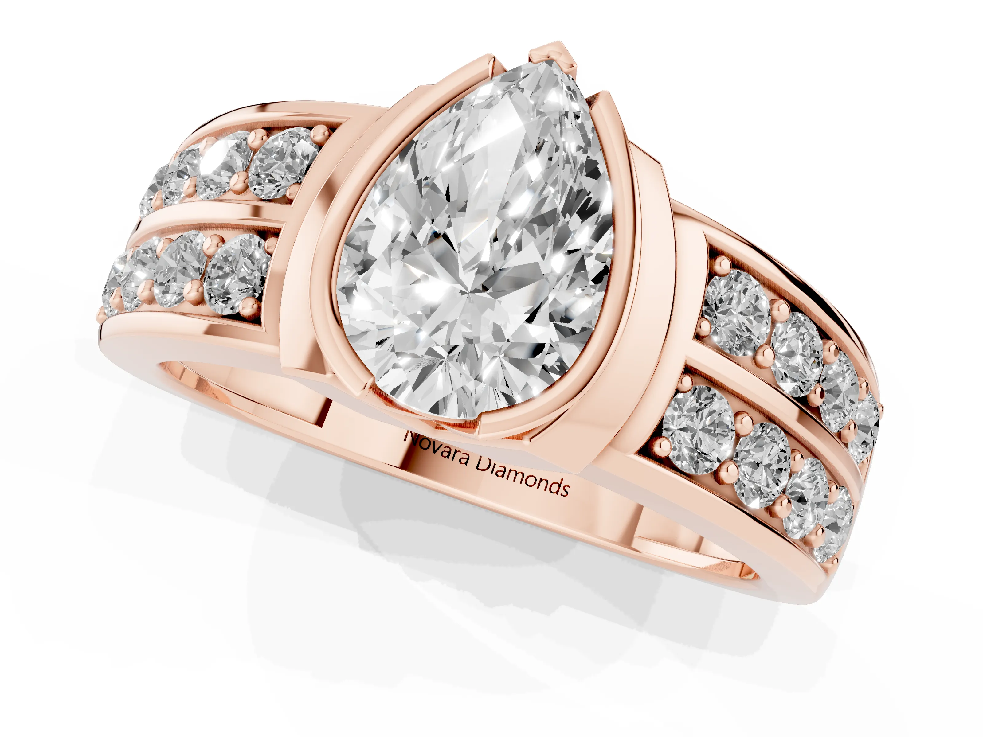 Pear Cut Diamond Wide Channel Set Band Ring Set in Rose gold with Bezel Setting
