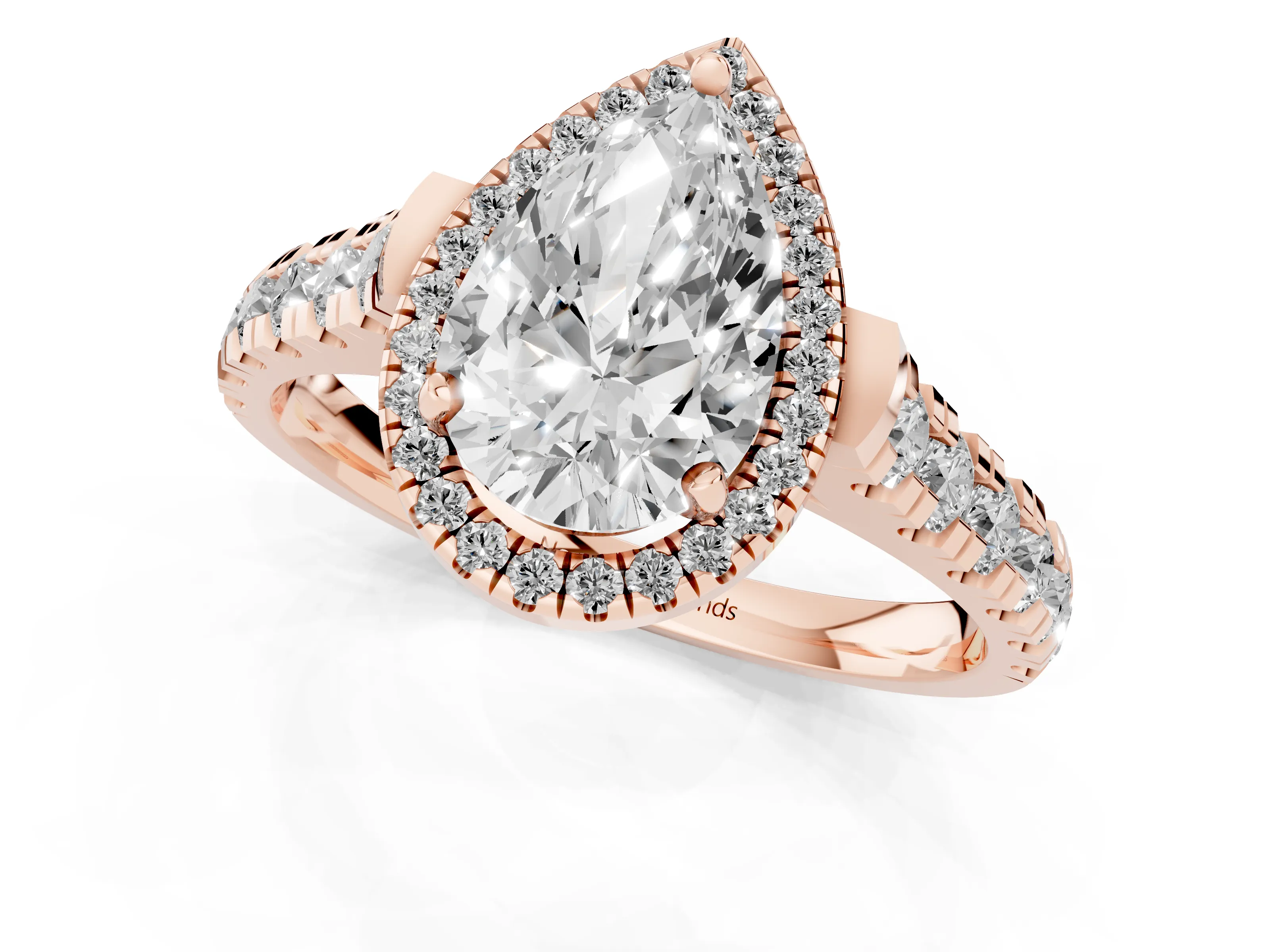 Pear Cut Diamond Halo Engagement Ring Set in Rose gold with Pavé Band and Prong-Set Center