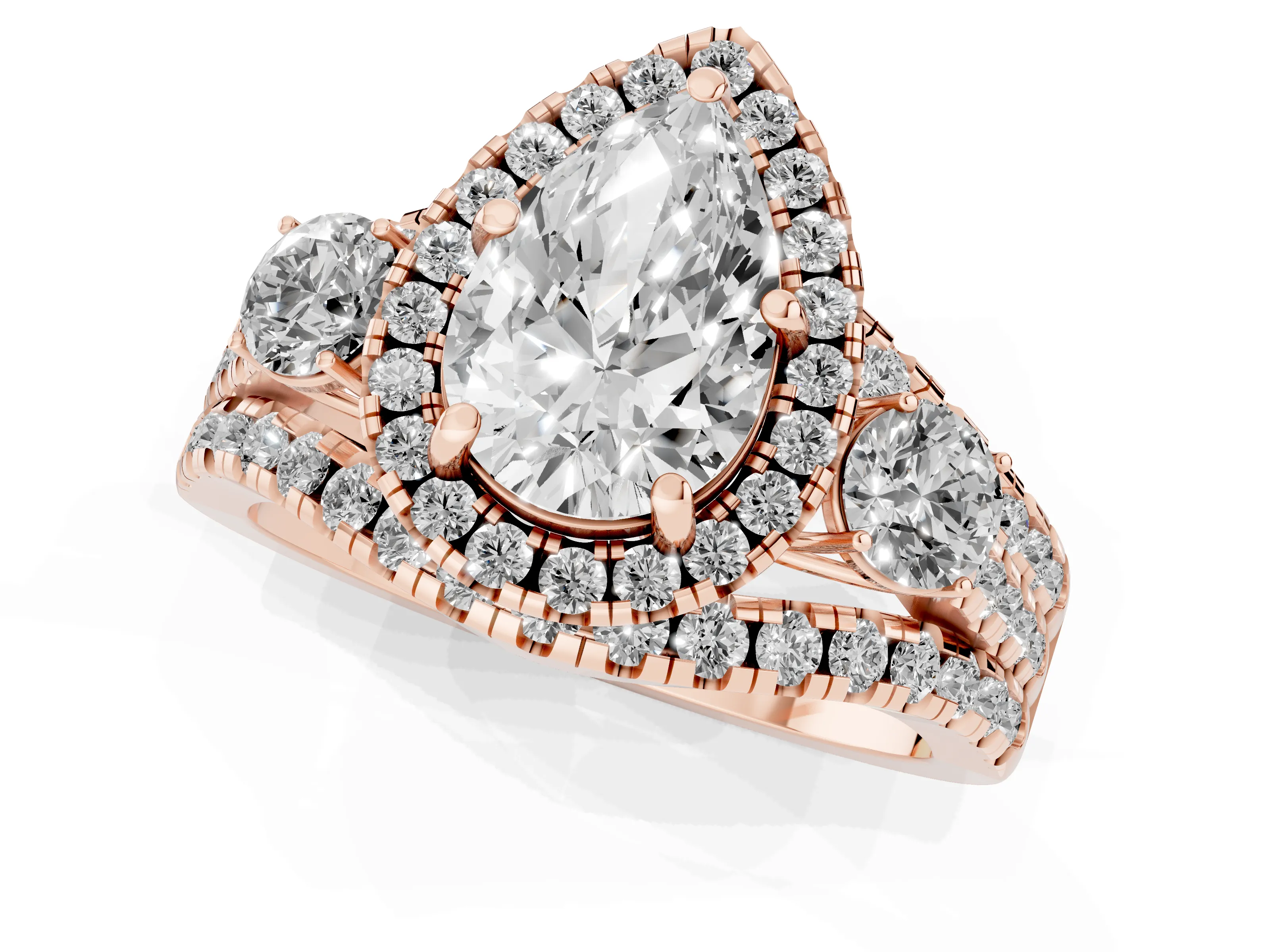 Pear Cut Diamond Halo Split Shank Ring Set in Rose gold with Round Accent Stones and Prong Setting