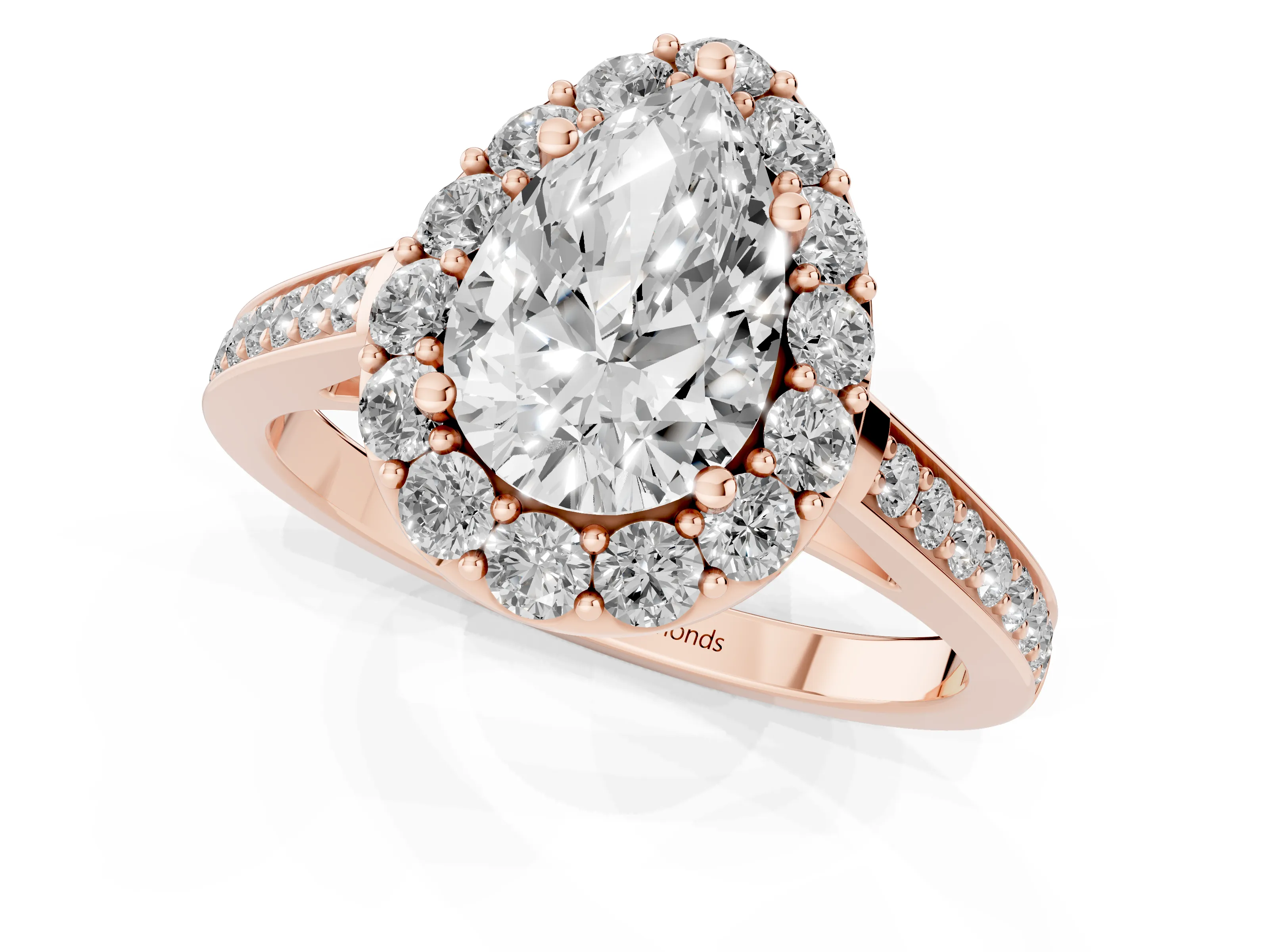 Pear Cut Diamond Floral Halo Ring Set in Rose gold with Pavé Band and Prong Setting – second view