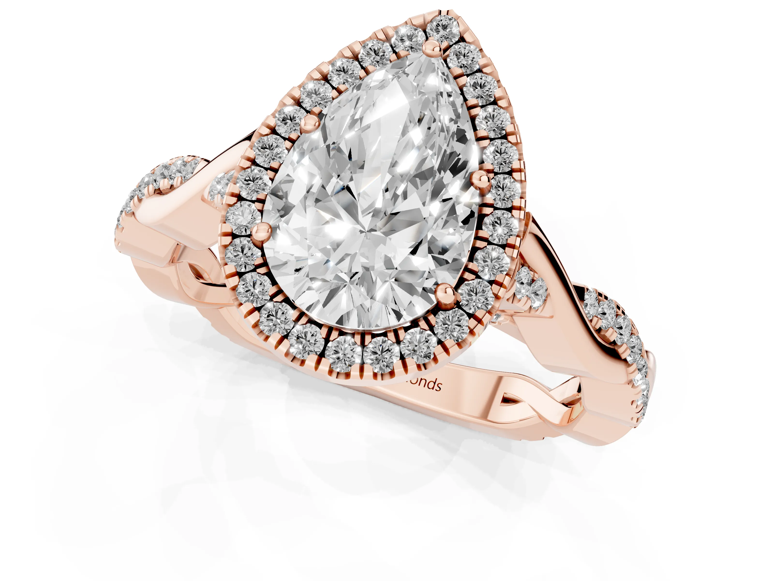 Pear Cut Diamond Halo Twist Band Solitaire Ring Set in Rose gold with Prong Setting
