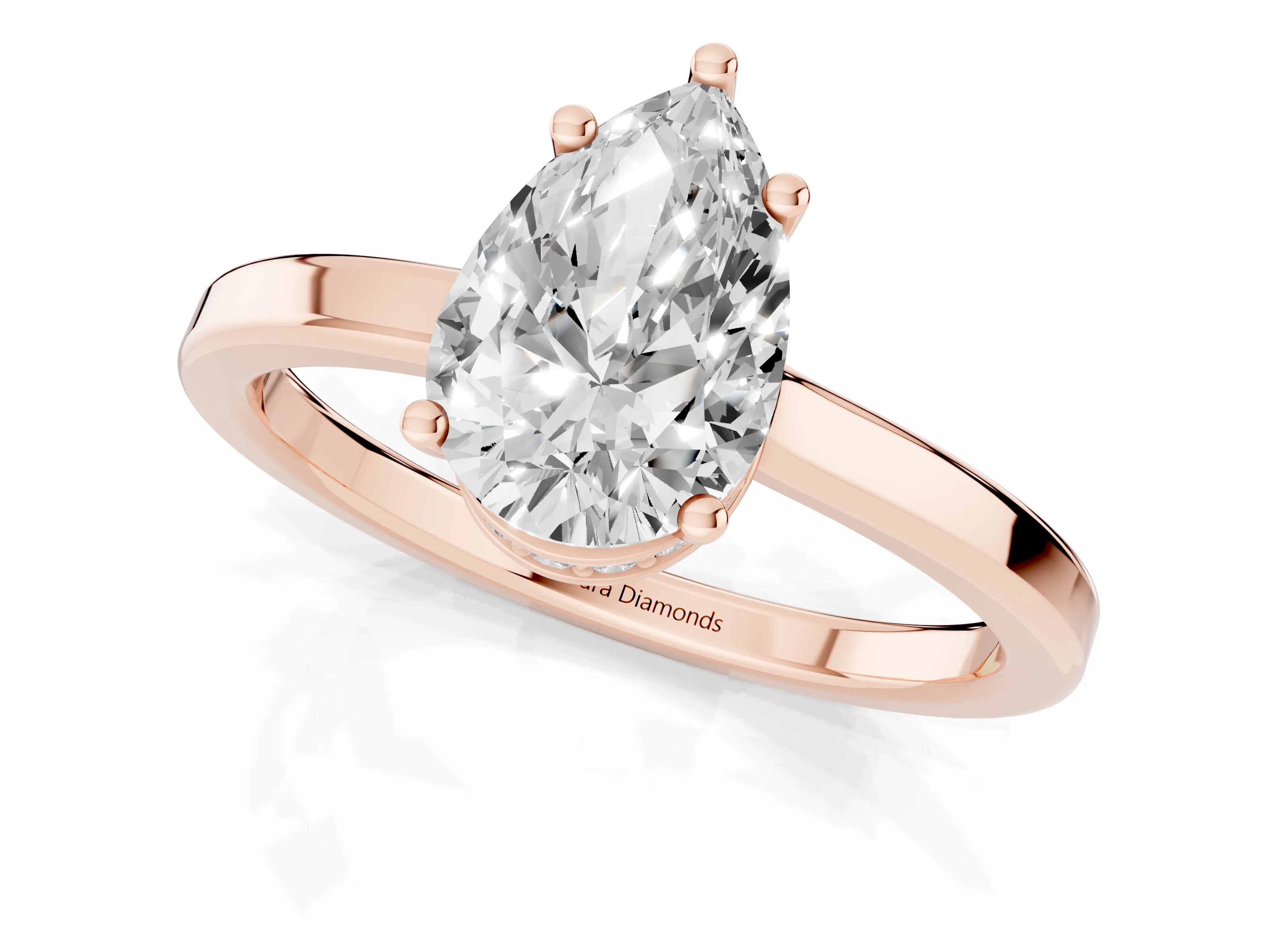 Pear Cut Diamond Solitaire Engagement Ring Set in Rose gold with Prong Setting on a Plain Band – second view