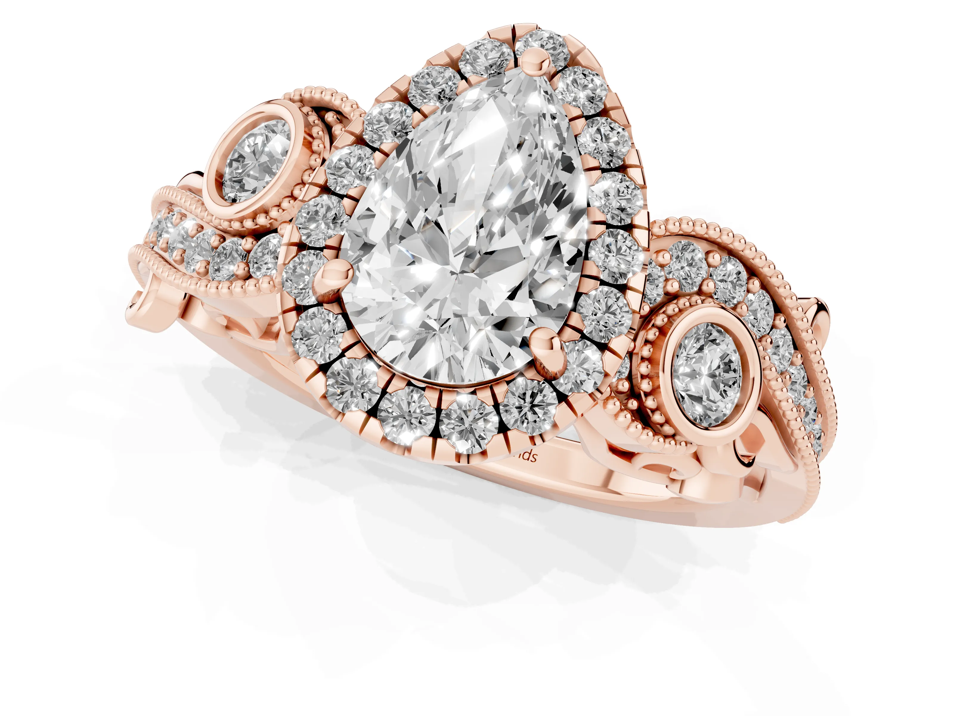 Pear Cut Diamond Halo Ring Set in Rose gold with Milgrain Pavé Band and Prong Setting