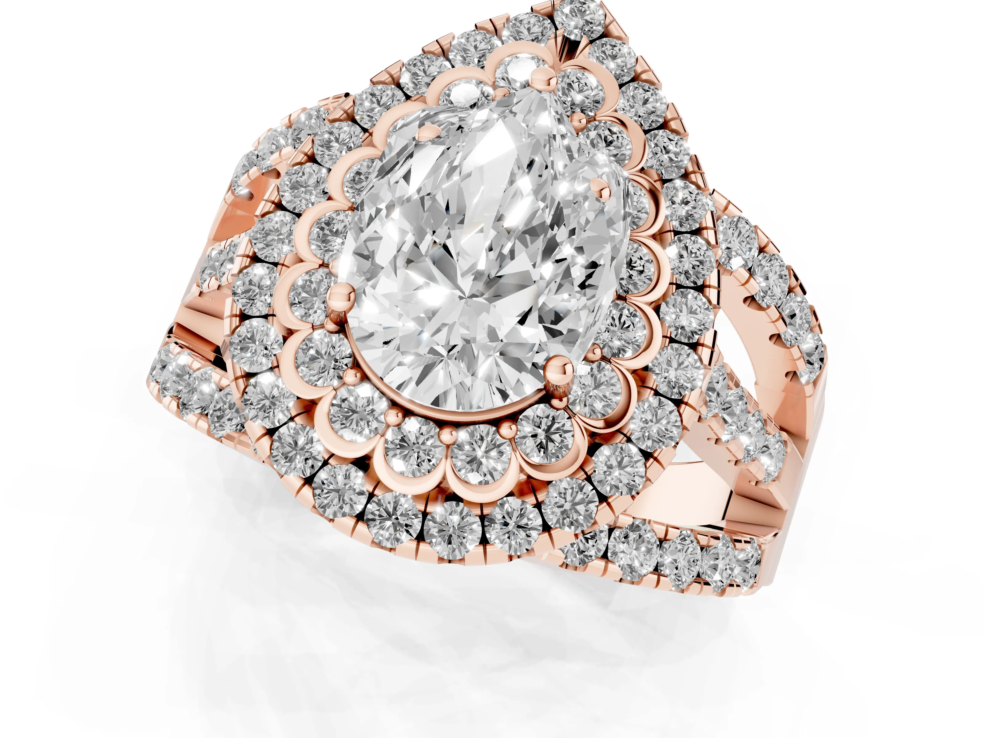 Pear Cut Diamond Double Halo Ring Set in Rose gold with Round Pavé Split Shank