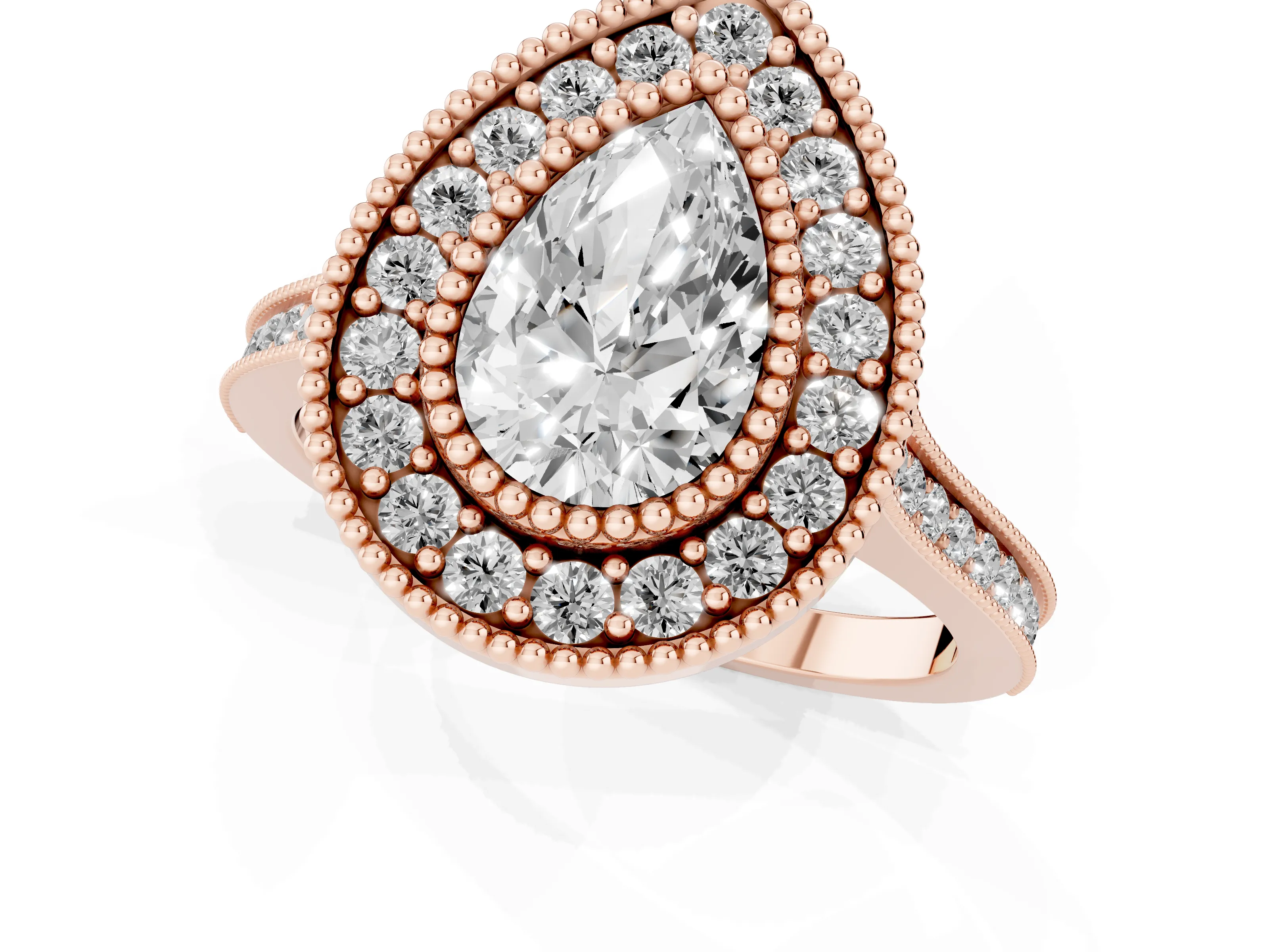 Pear Cut Diamond Halo Ring Set in Rose gold with Milgrain Frame and Pavé Band