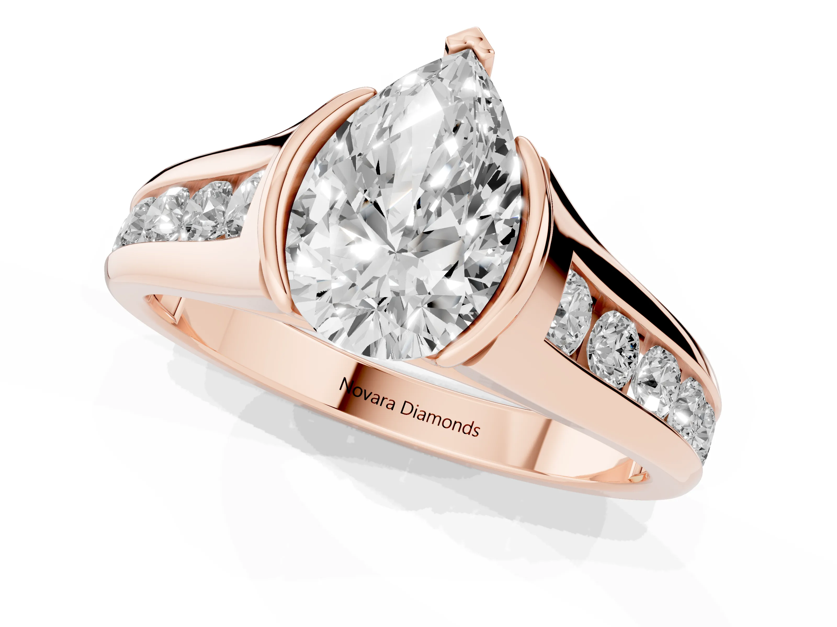 Pear Cut Diamond Bezel-Set Solitaire Ring Set in Rose gold with Channel-Set Band