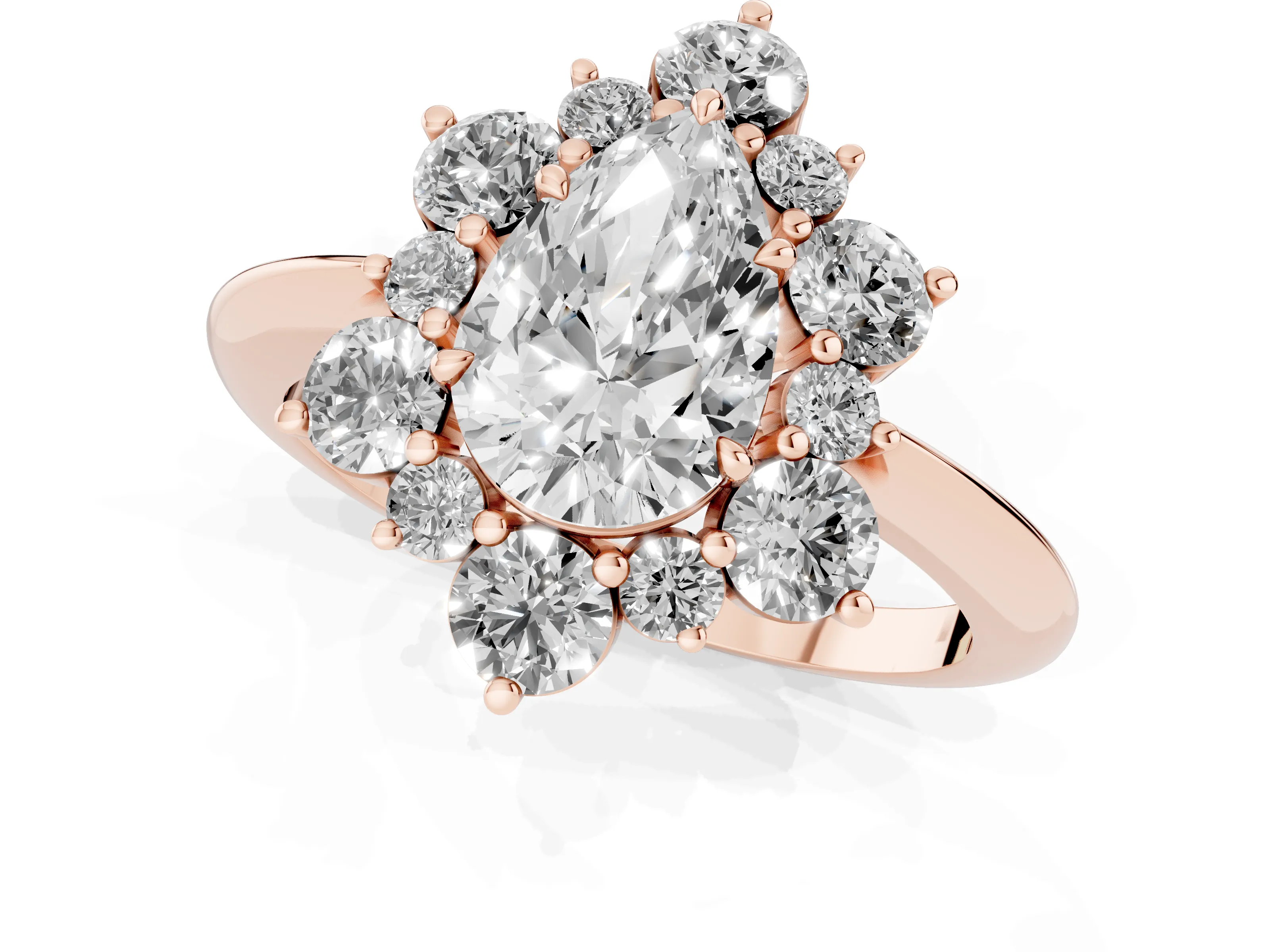 Pear Cut Diamond Cluster Halo Ring Set in Rose gold with Solitaire Band and Prong Setting