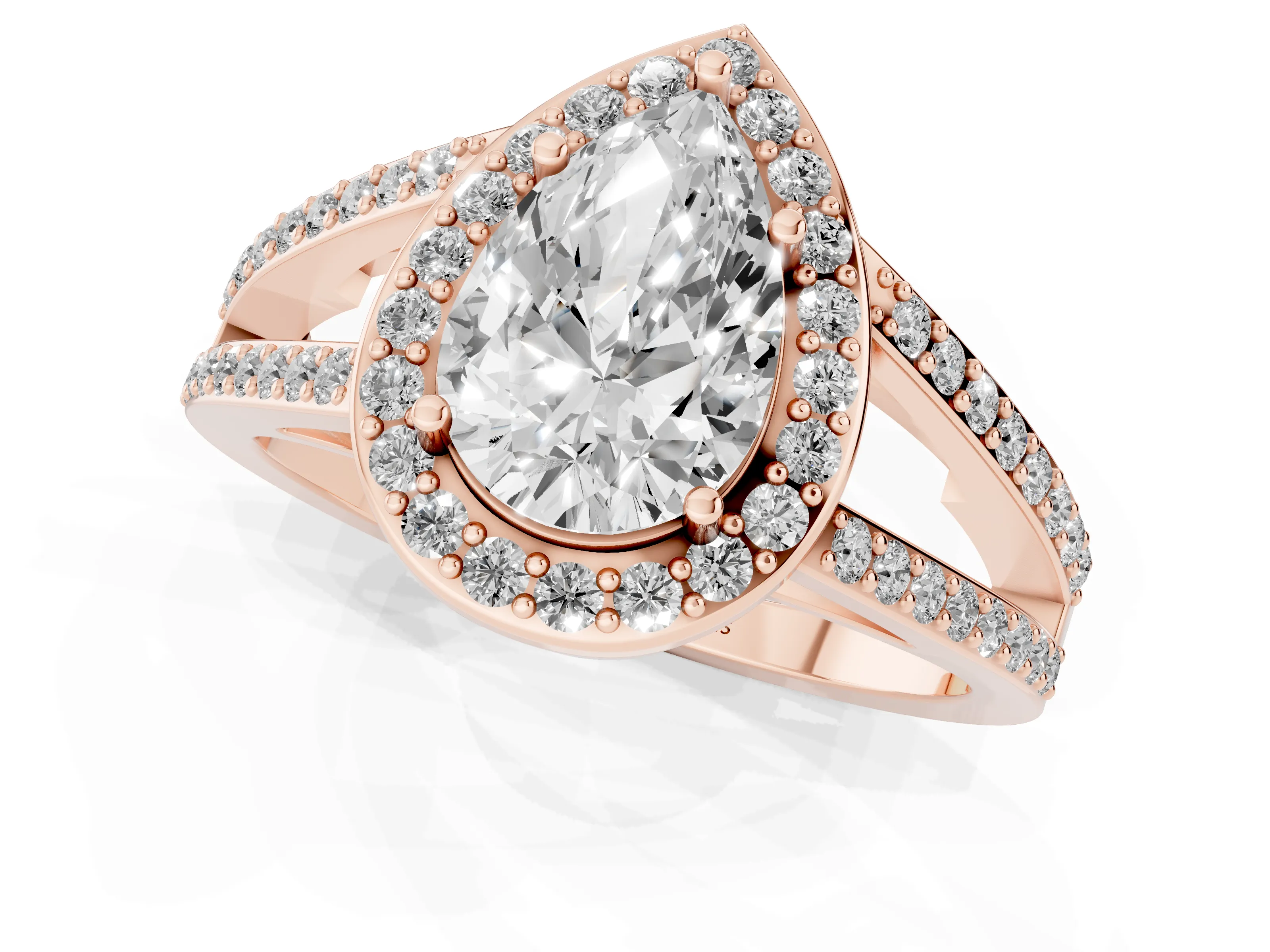 Pear Cut Diamond Halo Ring Set in Rose gold with U-Prong Split Shank and Prong Setting
