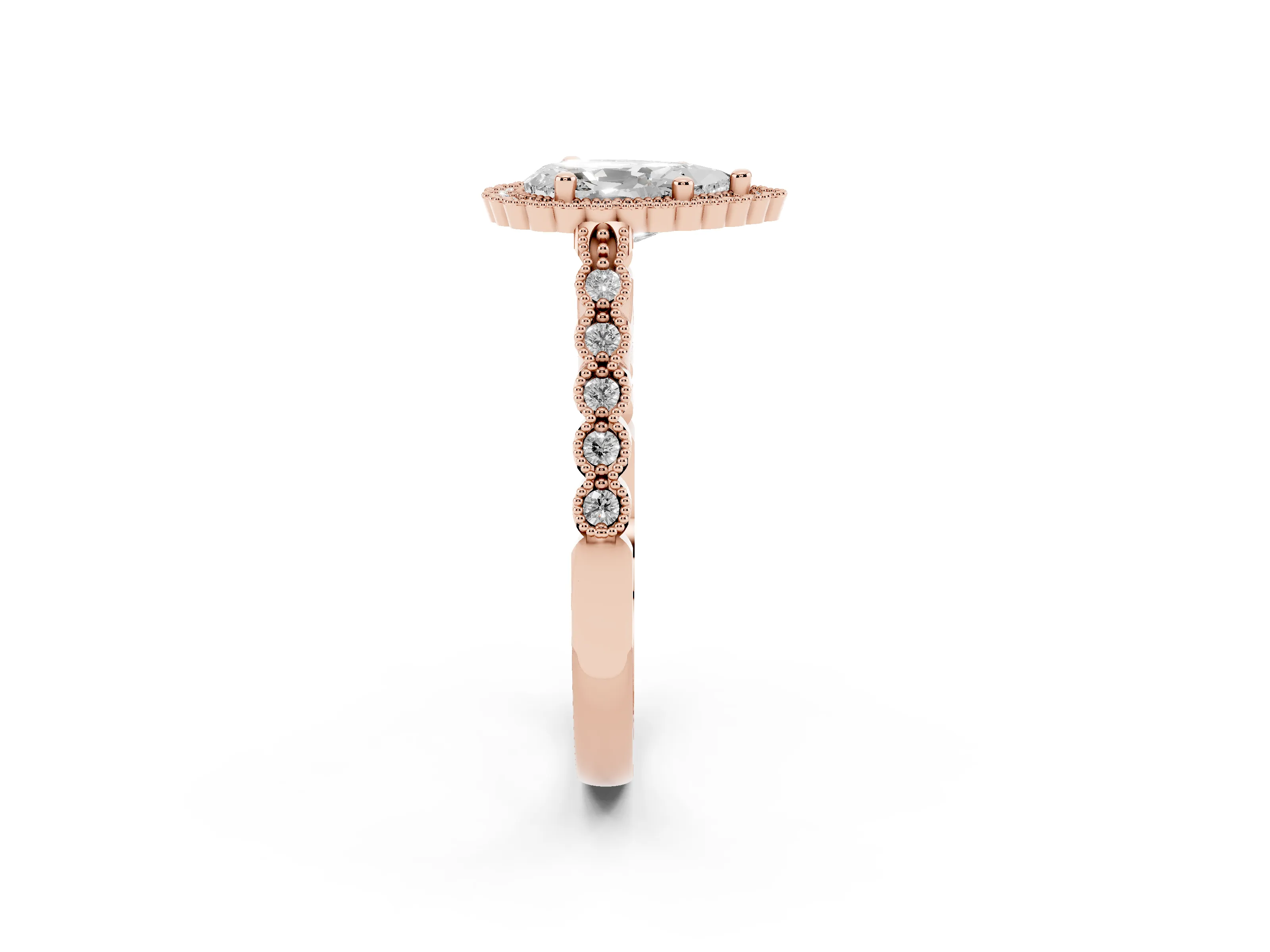Pear Cut Diamond Halo Ring Set in Rose gold with Pavé Milgrain Band