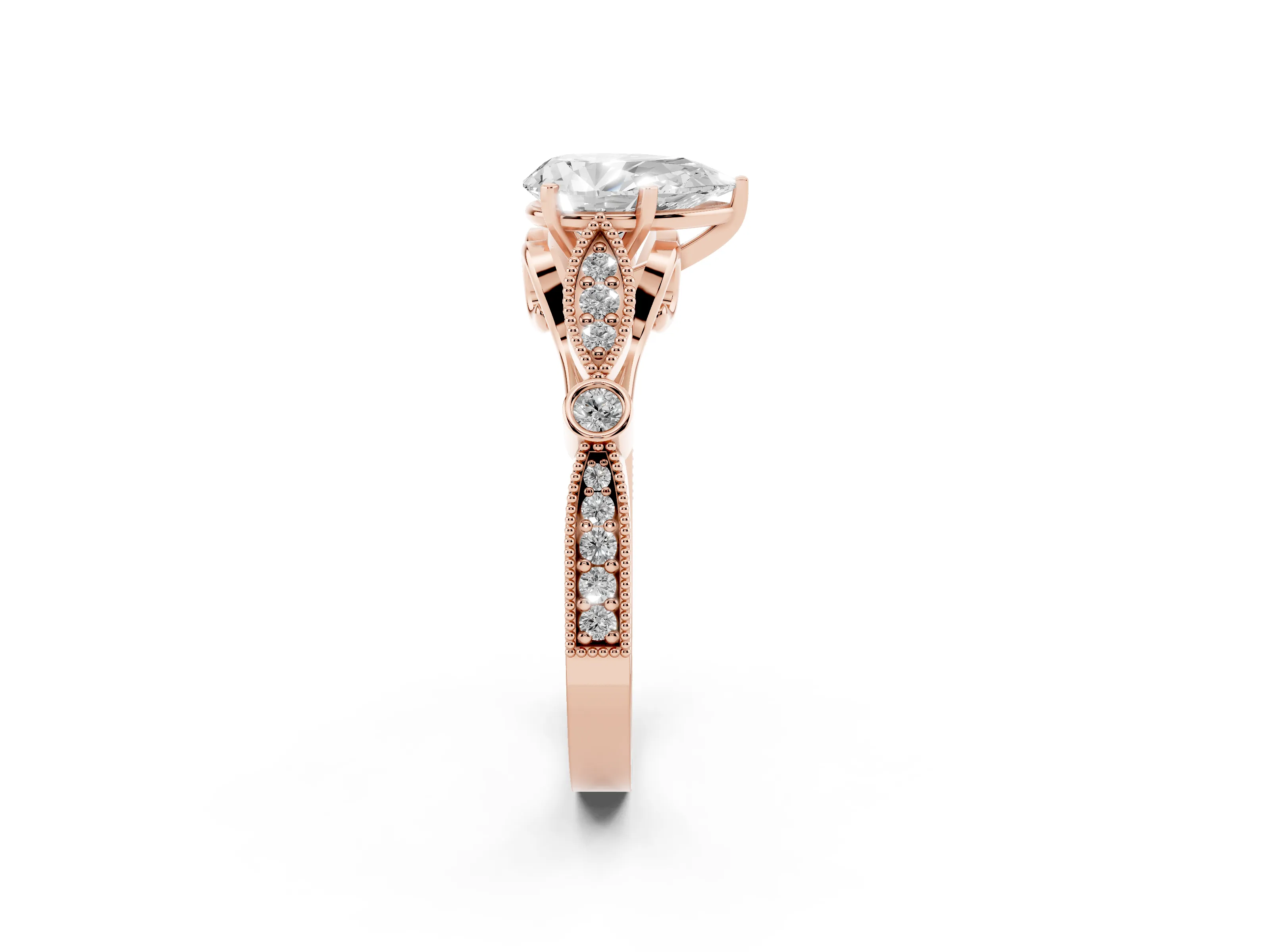 Pear Cut Diamond Solitaire Ring Set in Rose gold with Milgrain Marquise and Bezel Accents