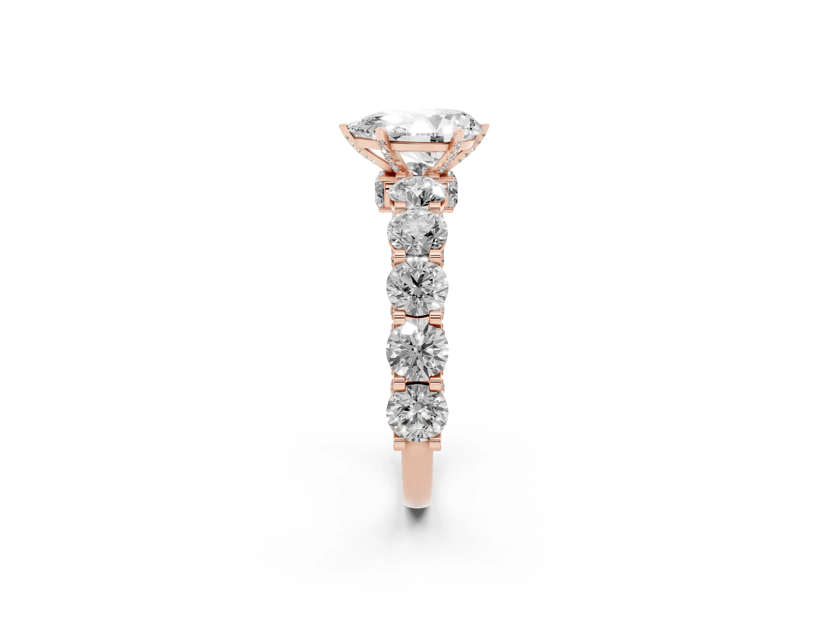 Pear Cut Diamond Side Stone Ring Set in Rose gold with Alternating Round and Oval Side Stones