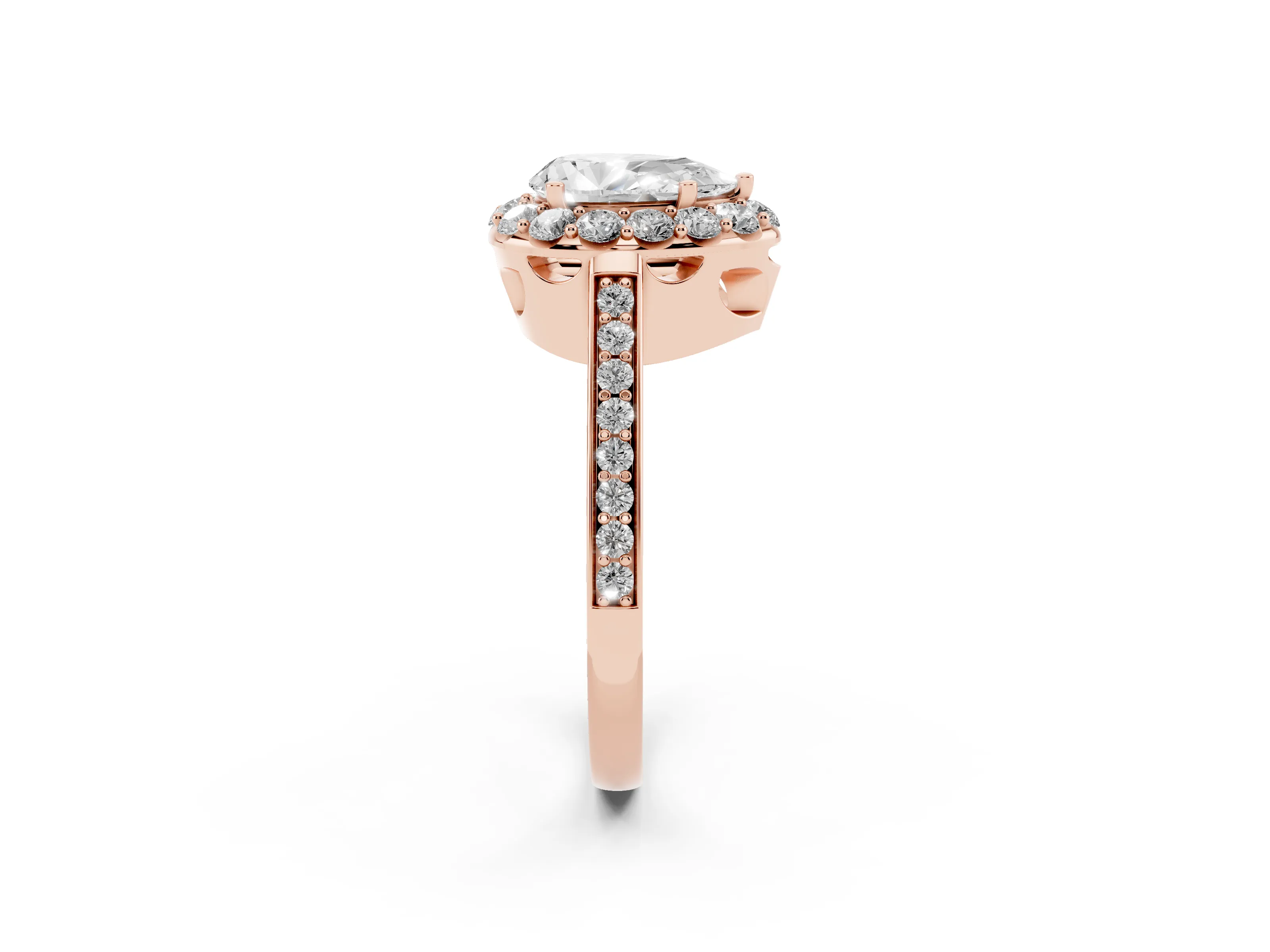 Pear Cut Diamond Floral Halo Ring Set in Rose gold with Pavé Band and Prong Setting