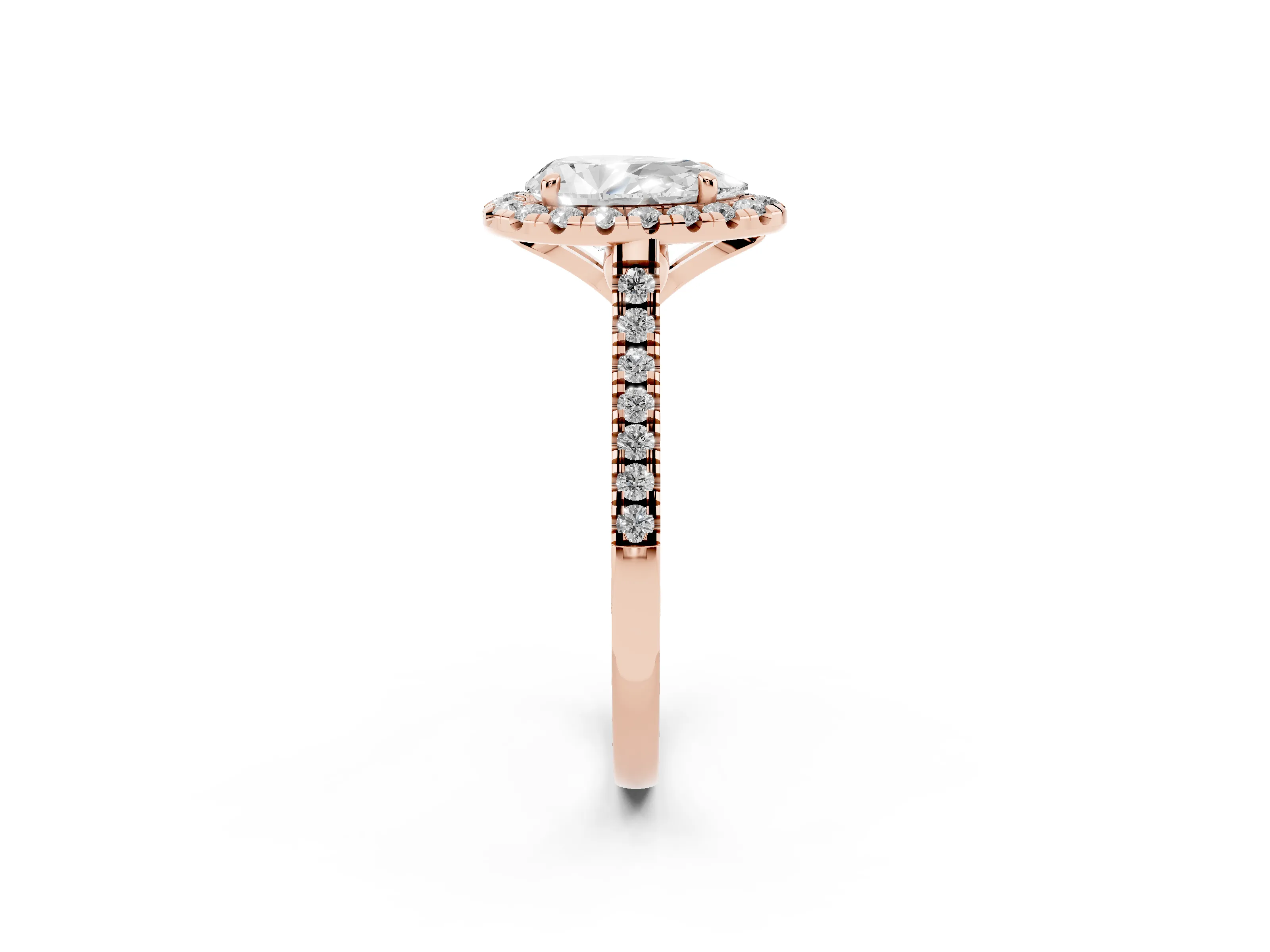 Pear Cut Diamond Cushion Halo Ring Set in Rose gold with Pavé Band