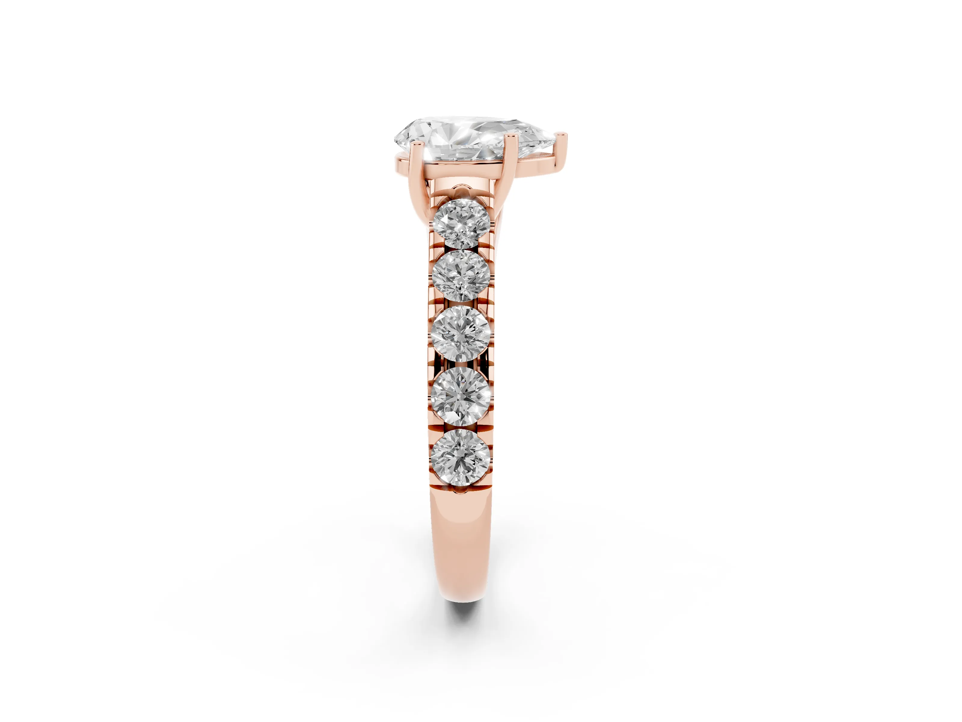 Pear Cut Diamond Solitaire Ring Set in Rose gold with Cut-Down Micro Pavé Band and Prong Setting