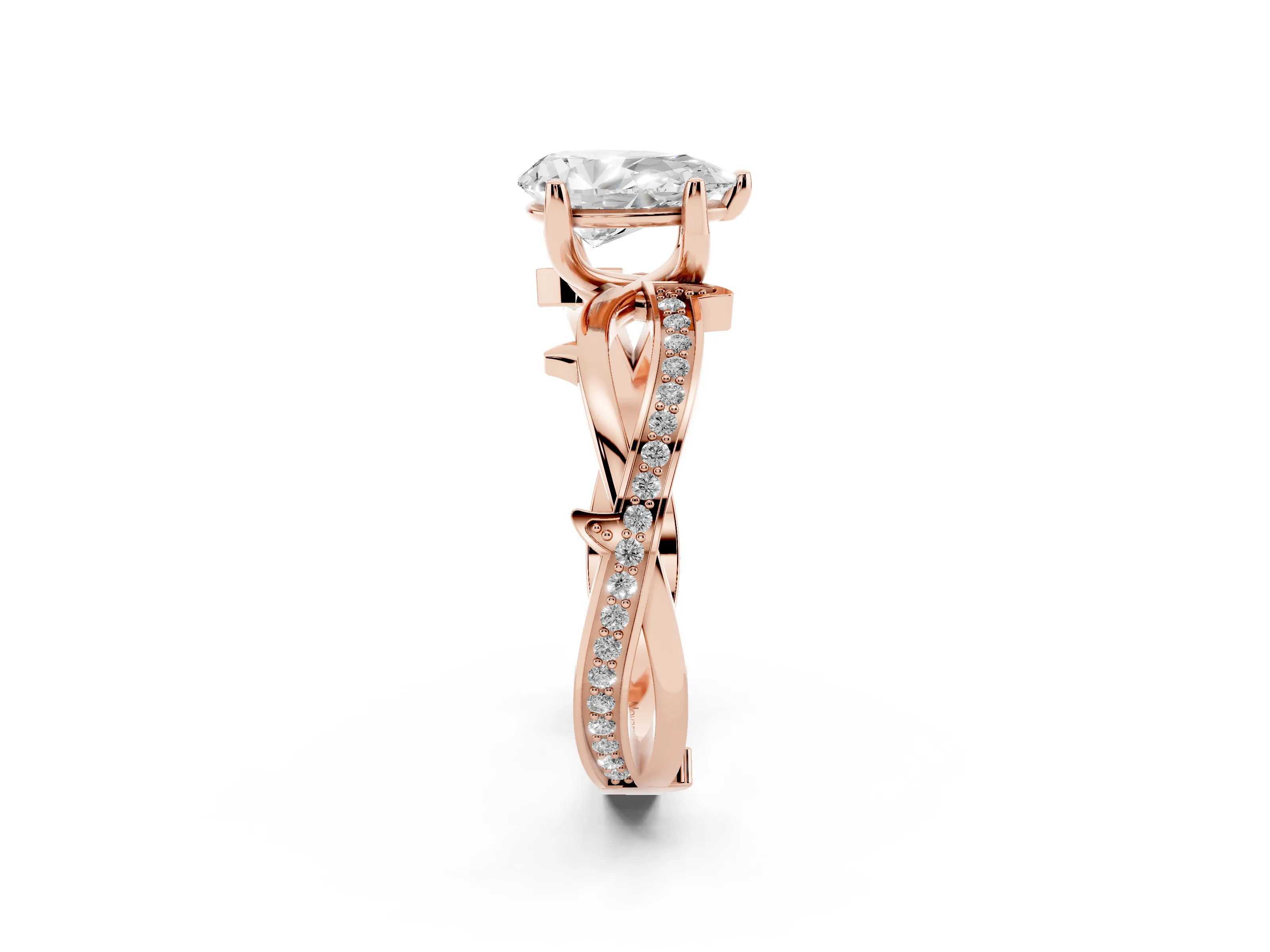Pear Cut Diamond Pavé Twist Band Solitaire Ring Set in Rose gold with Prong Setting