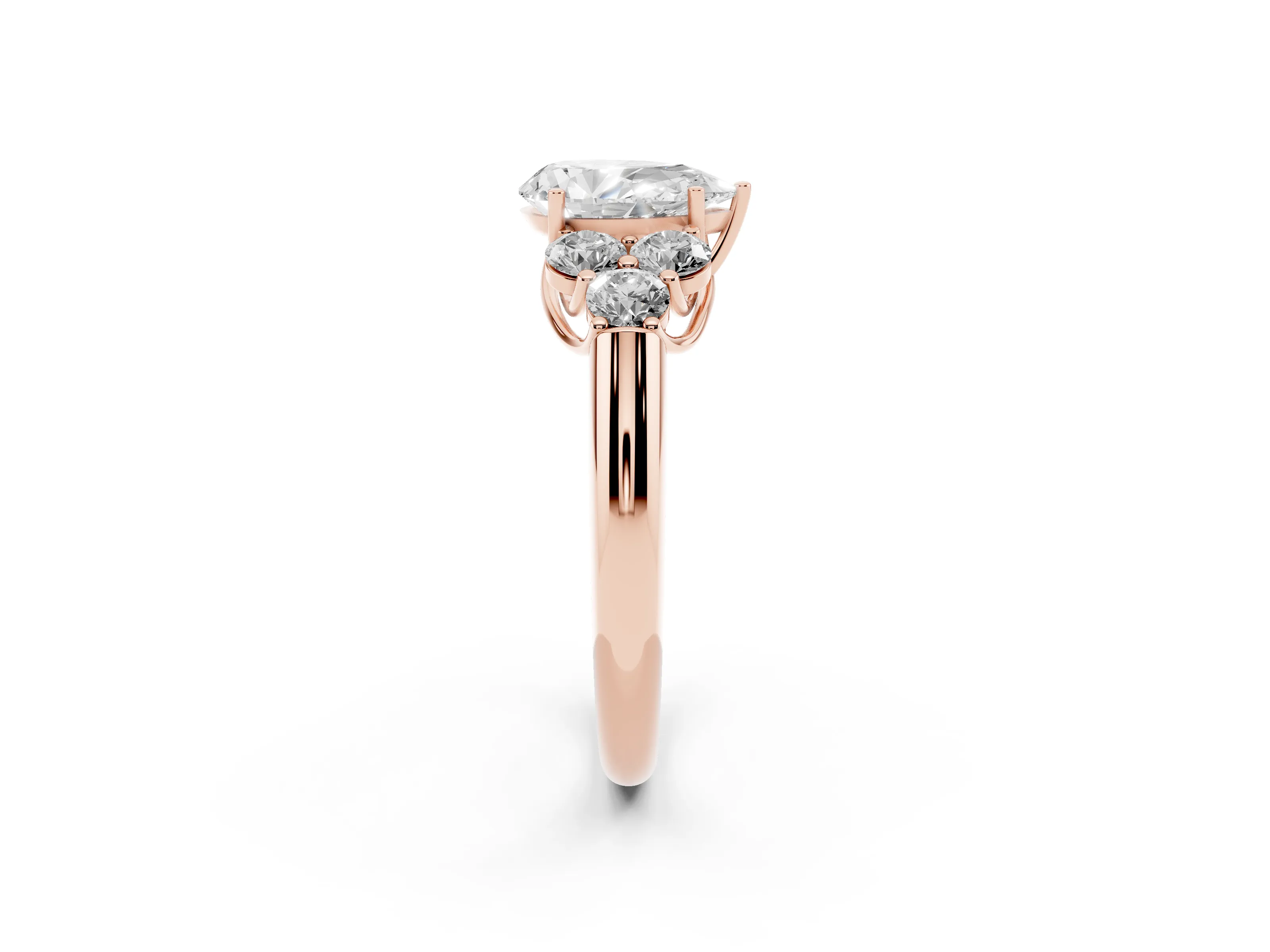 Pear Cut Diamond Cluster Ring Set in Rose gold with Round Accent Stones and Prong Setting on a Plain Band