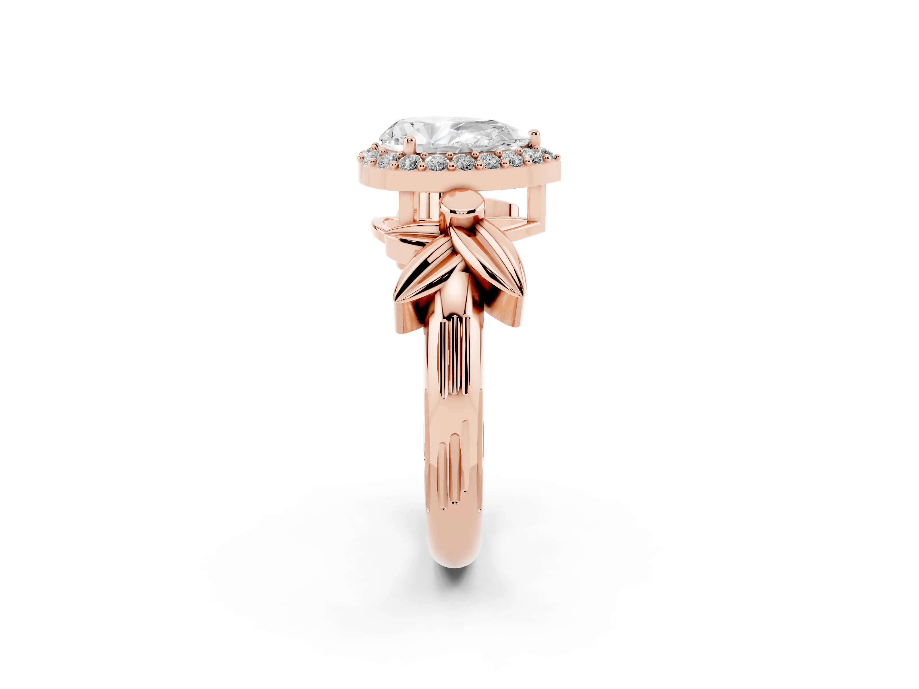 Pear Cut Diamond Halo Floral Band Ring Set in Rose gold with Prong Setting
