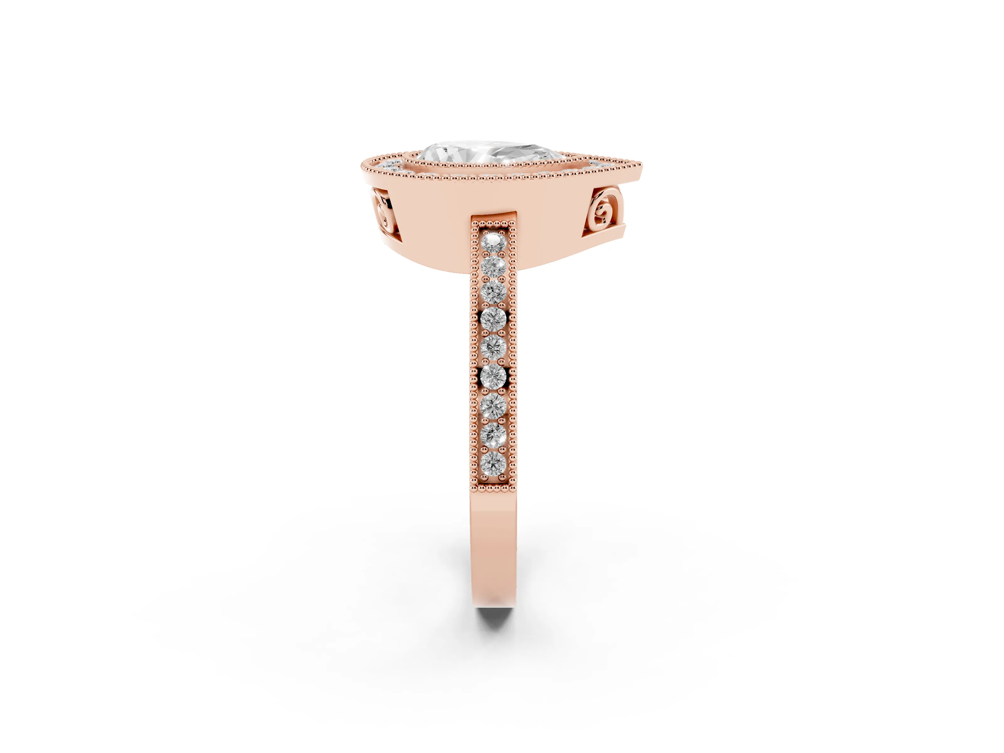 Pear Cut Diamond Halo Ring Set in Rose gold with Pavé Band and Milgrain-Edged Prongs