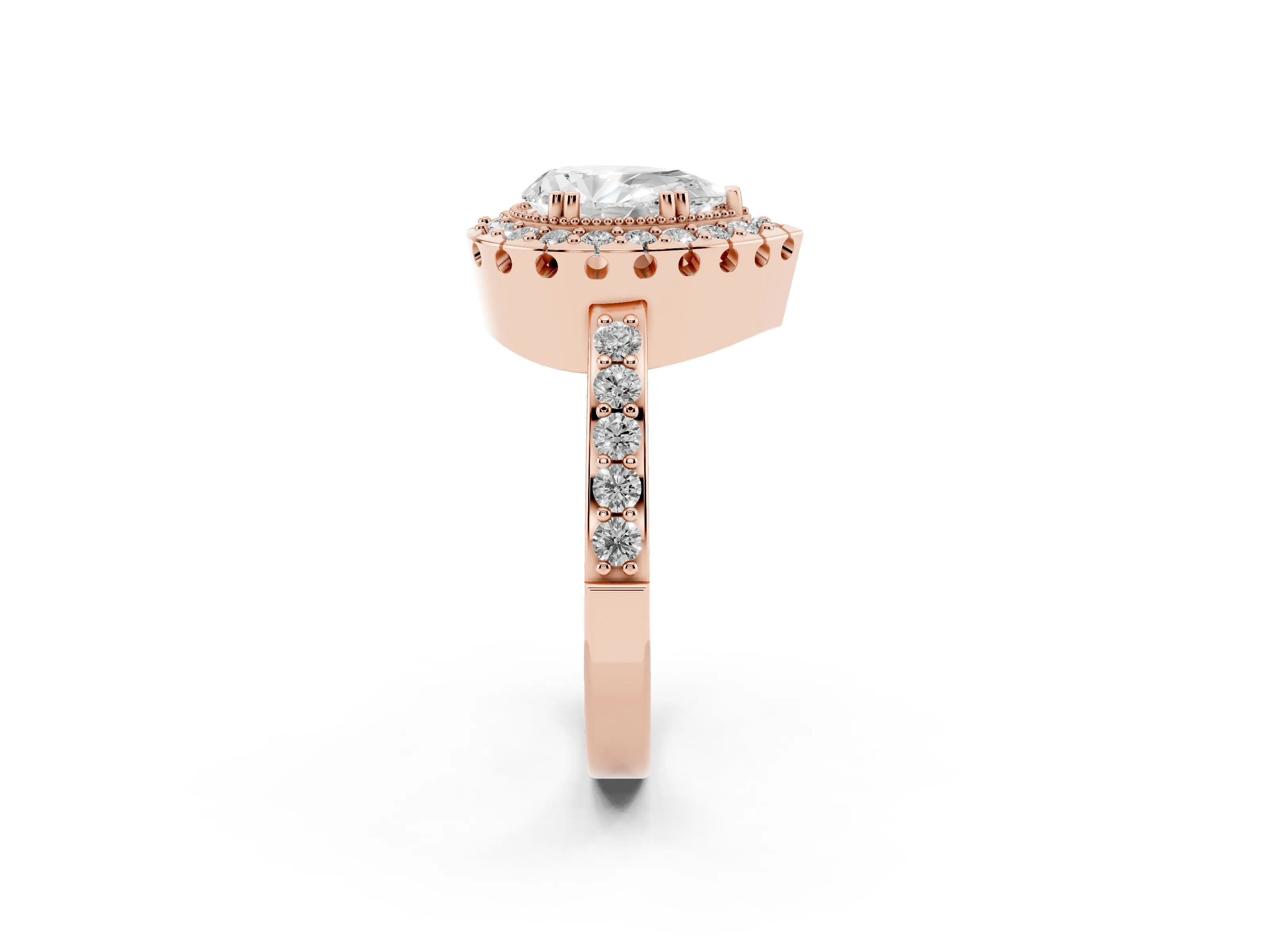 Pear Cut Diamond Halo Ring Set in Rose gold with Pavé Shank and Prong Setting