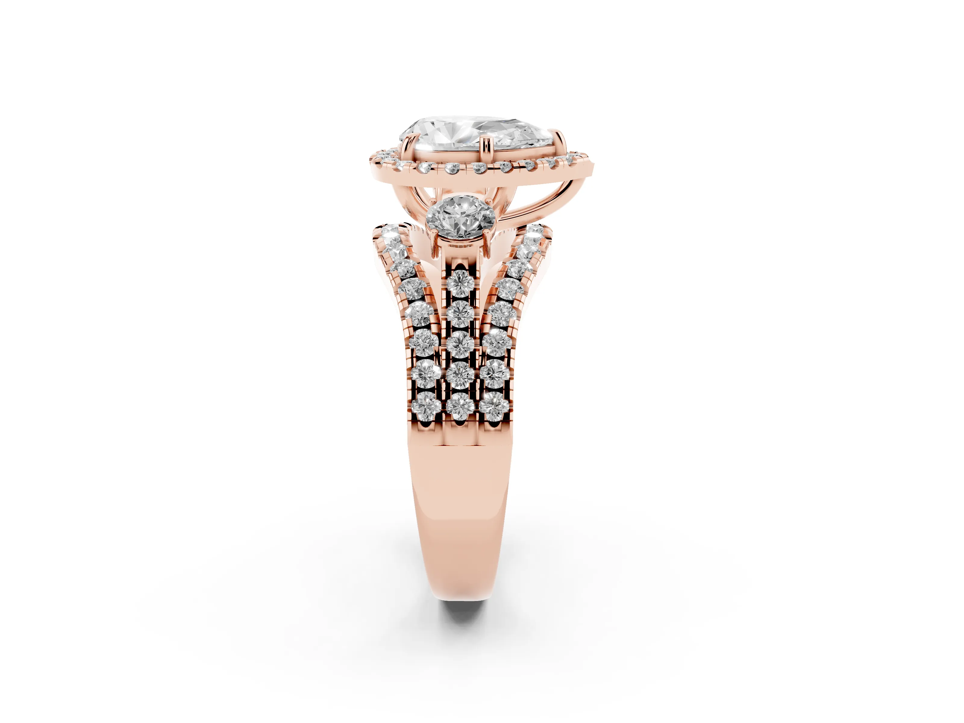 Pear Cut Diamond Halo Split Shank Ring Set in Rose gold with Round Accent Stones and Prong Setting