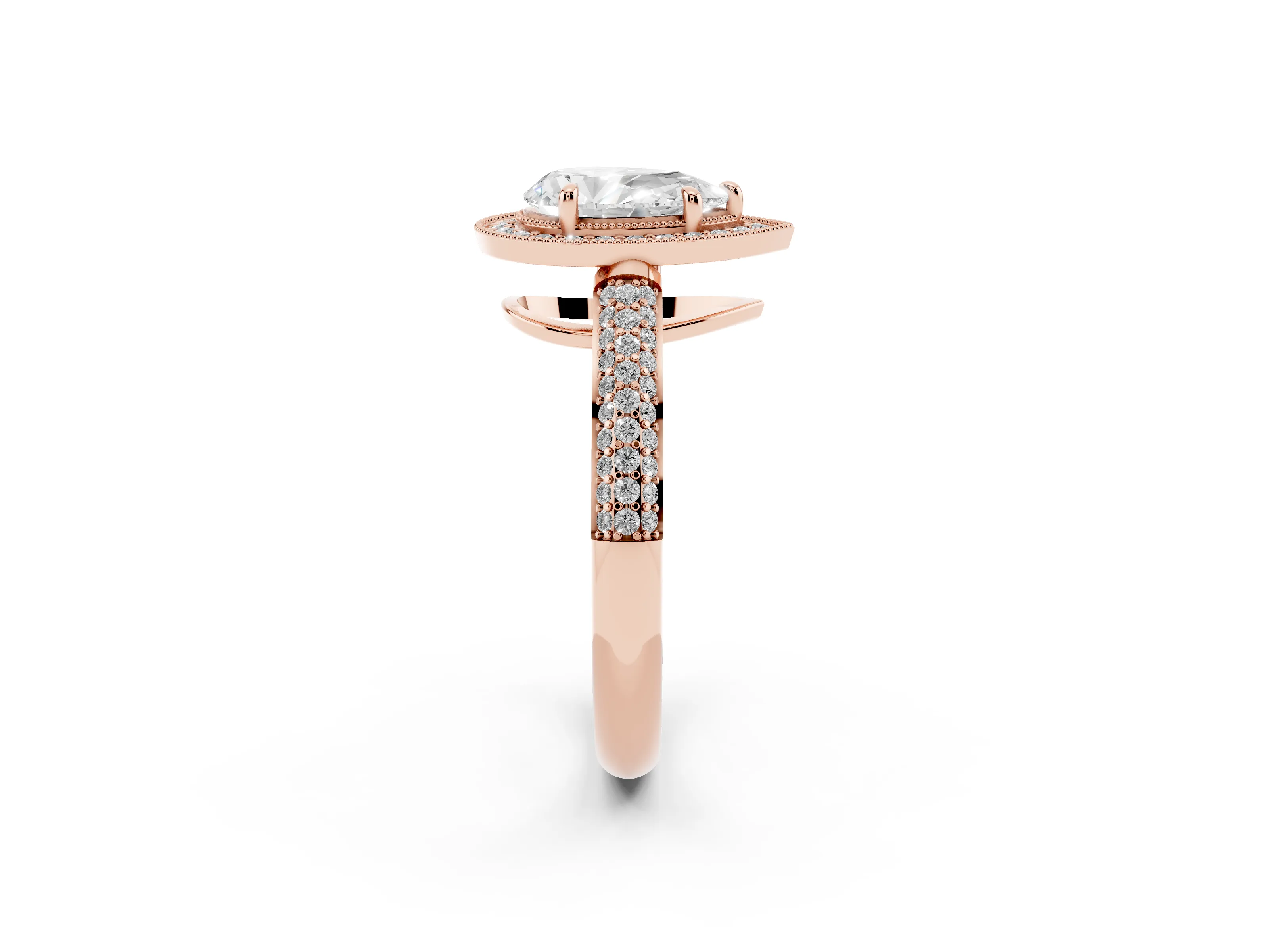 Pear Cut Diamond Halo Pavé Band Set in Rose gold with Prong Setting