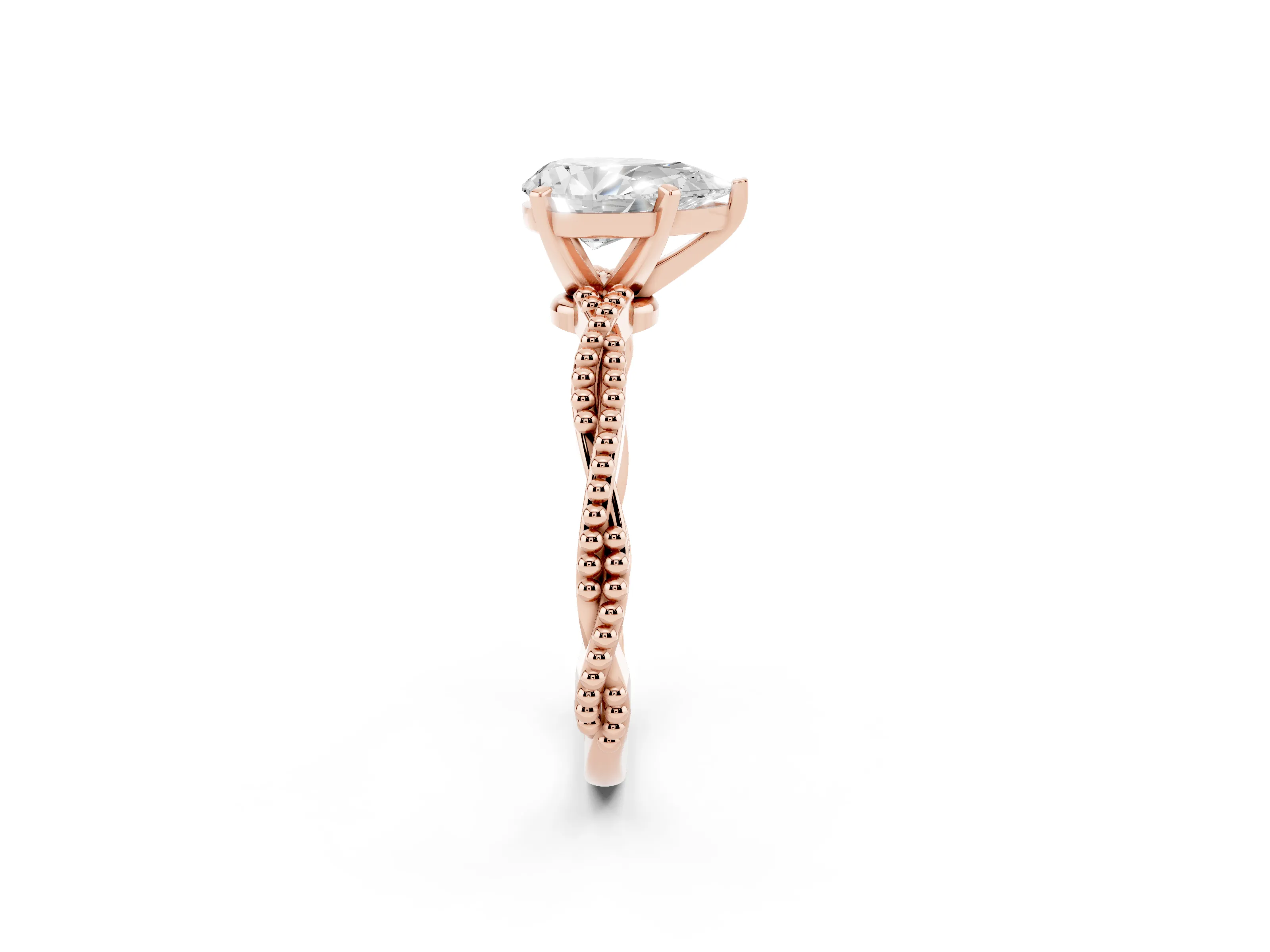 Pear Cut Diamond Solitaire Ring Set in Rose gold with Twisted Band and Bead Prong Setting