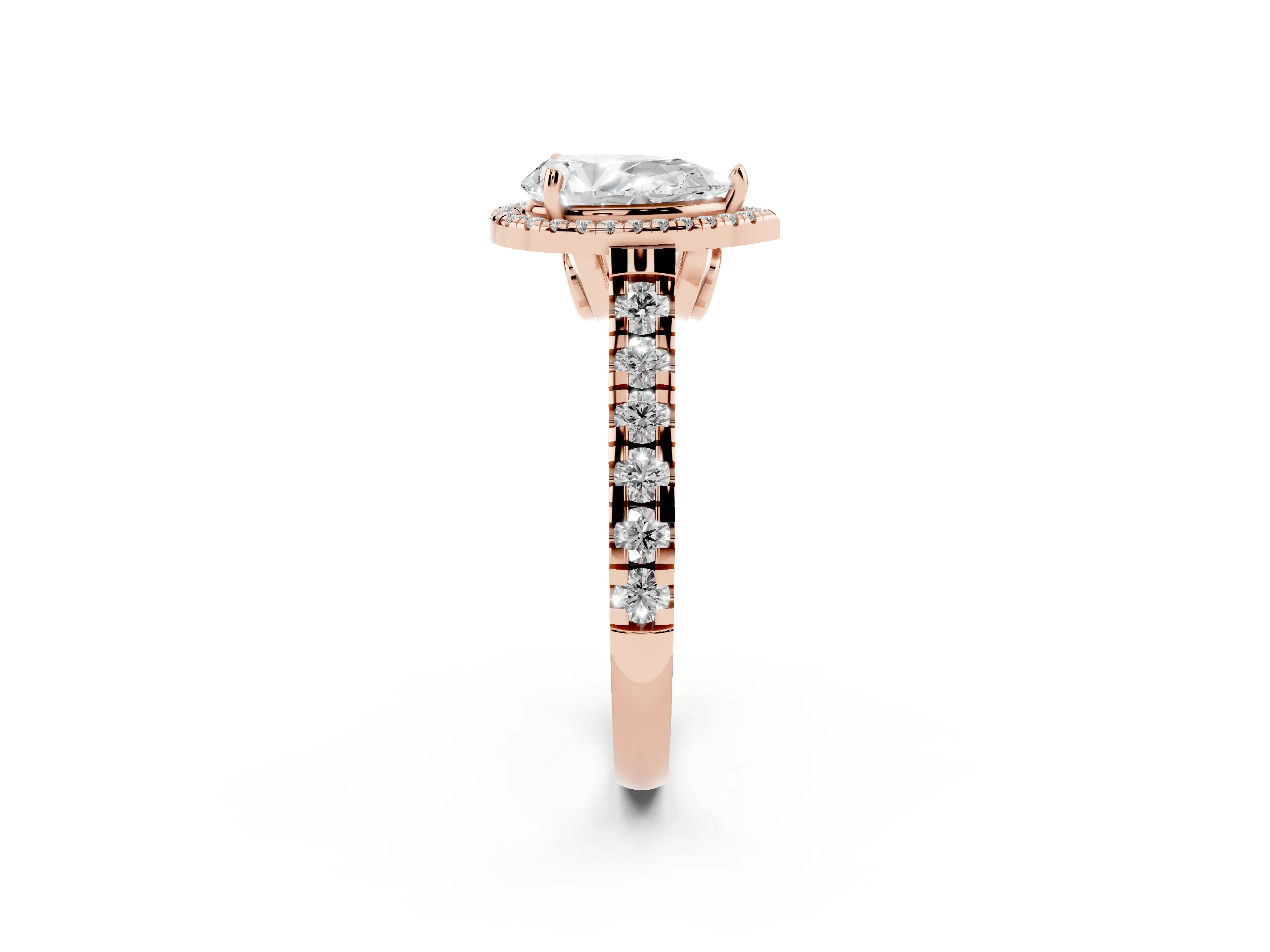 Pear Cut Diamond Halo Engagement Ring Set in Rose gold with Pavé Band and Prong-Set Center