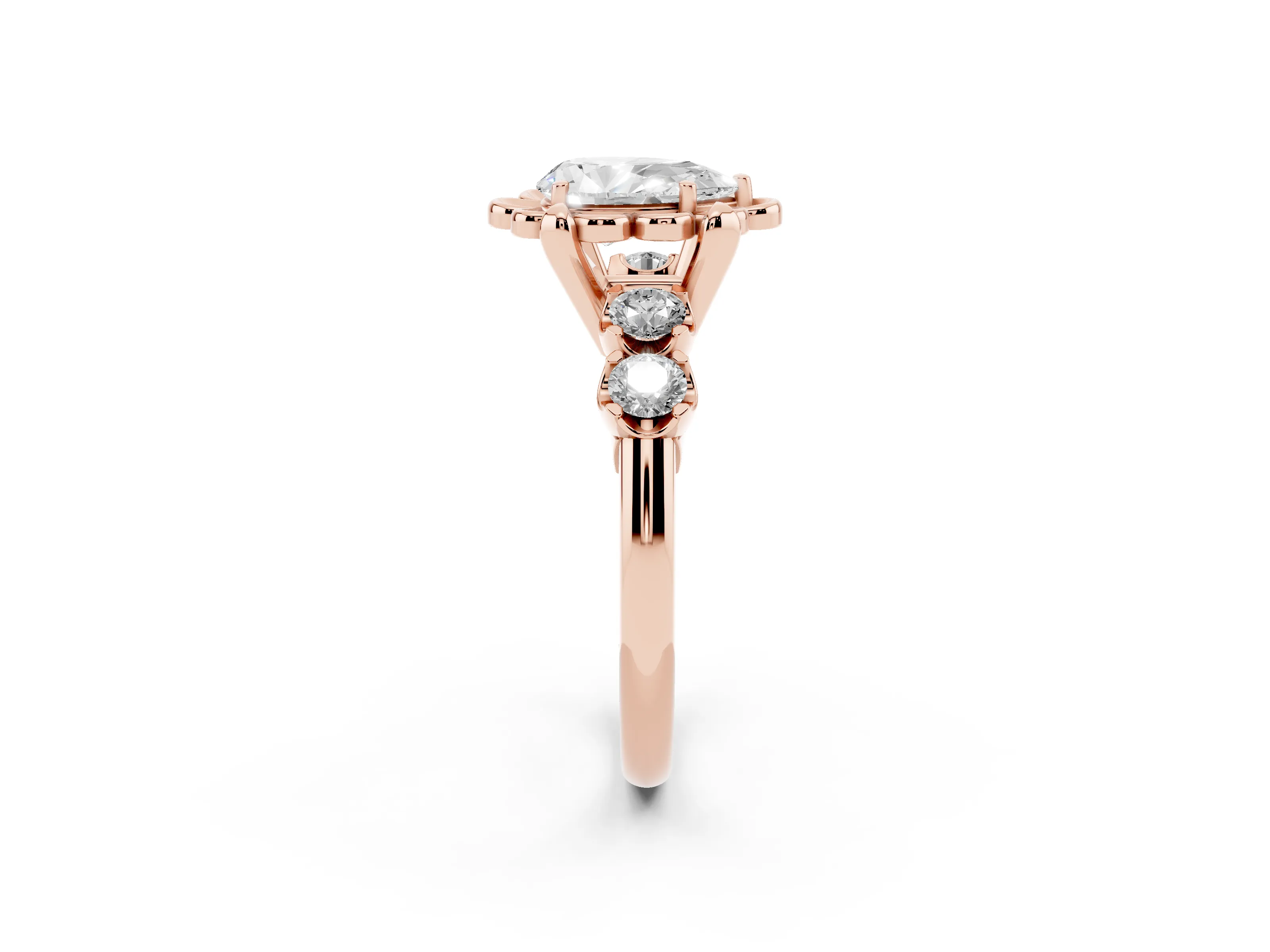 Pear Cut Diamond Floral Halo Ring Set in Rose gold with Shared Prong Band