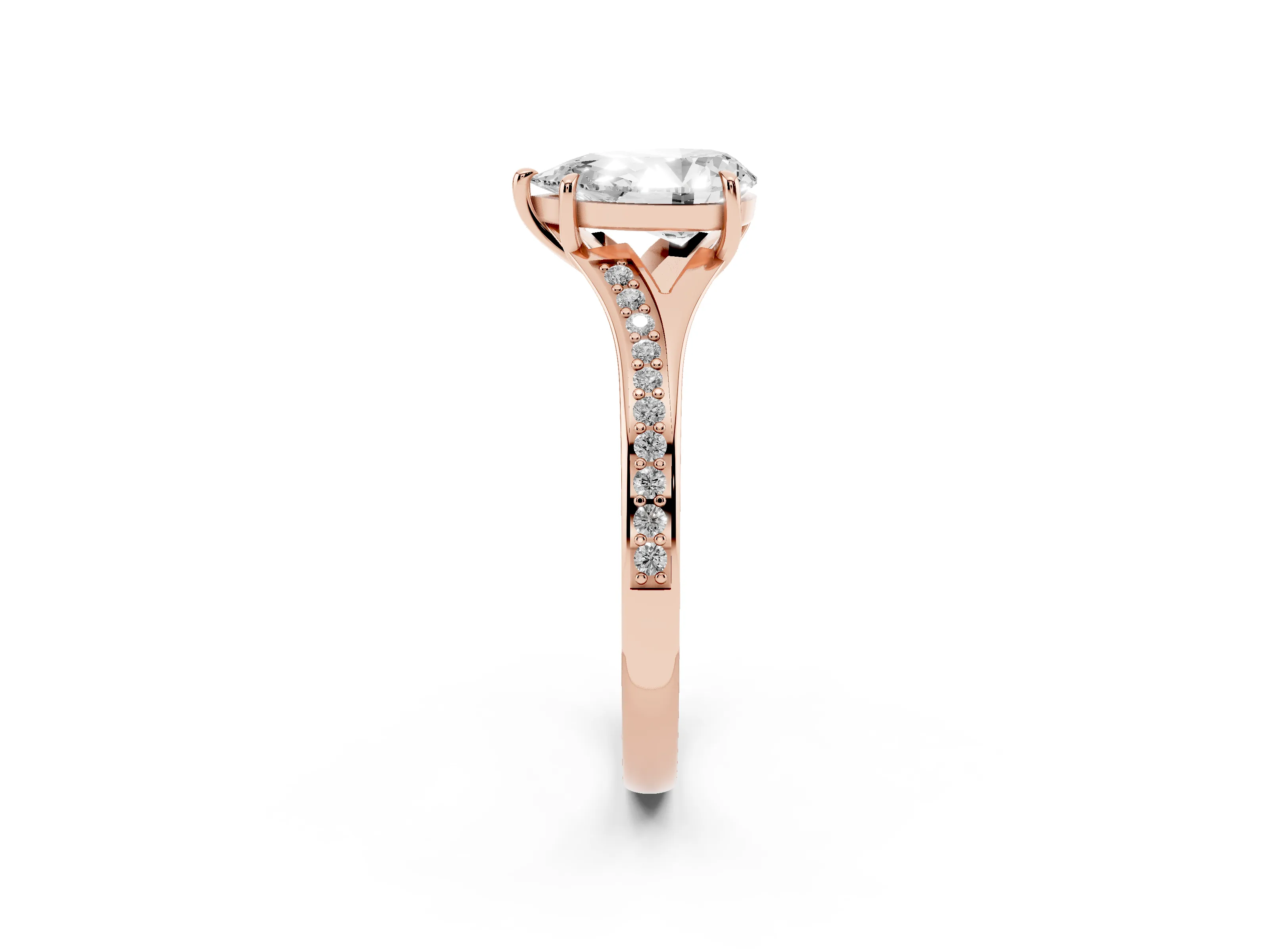 Pear Cut Diamond Solitaire Ring Set in Rose gold with Pavé Accent Band and Classic Prong Setting