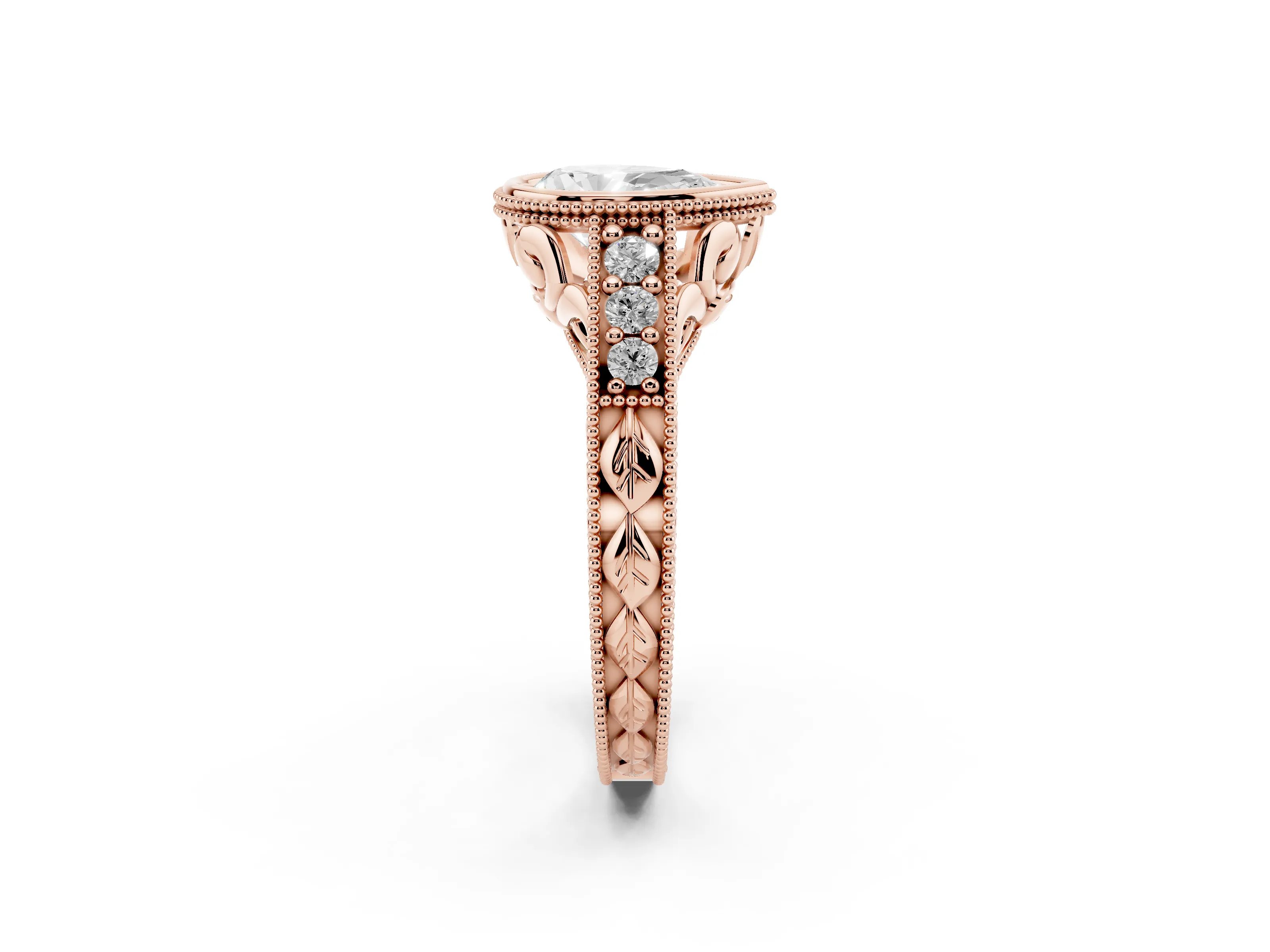 Bezel Set Pear Cut Diamond Milgrain Pavé Engagement Ring Set in Rose gold