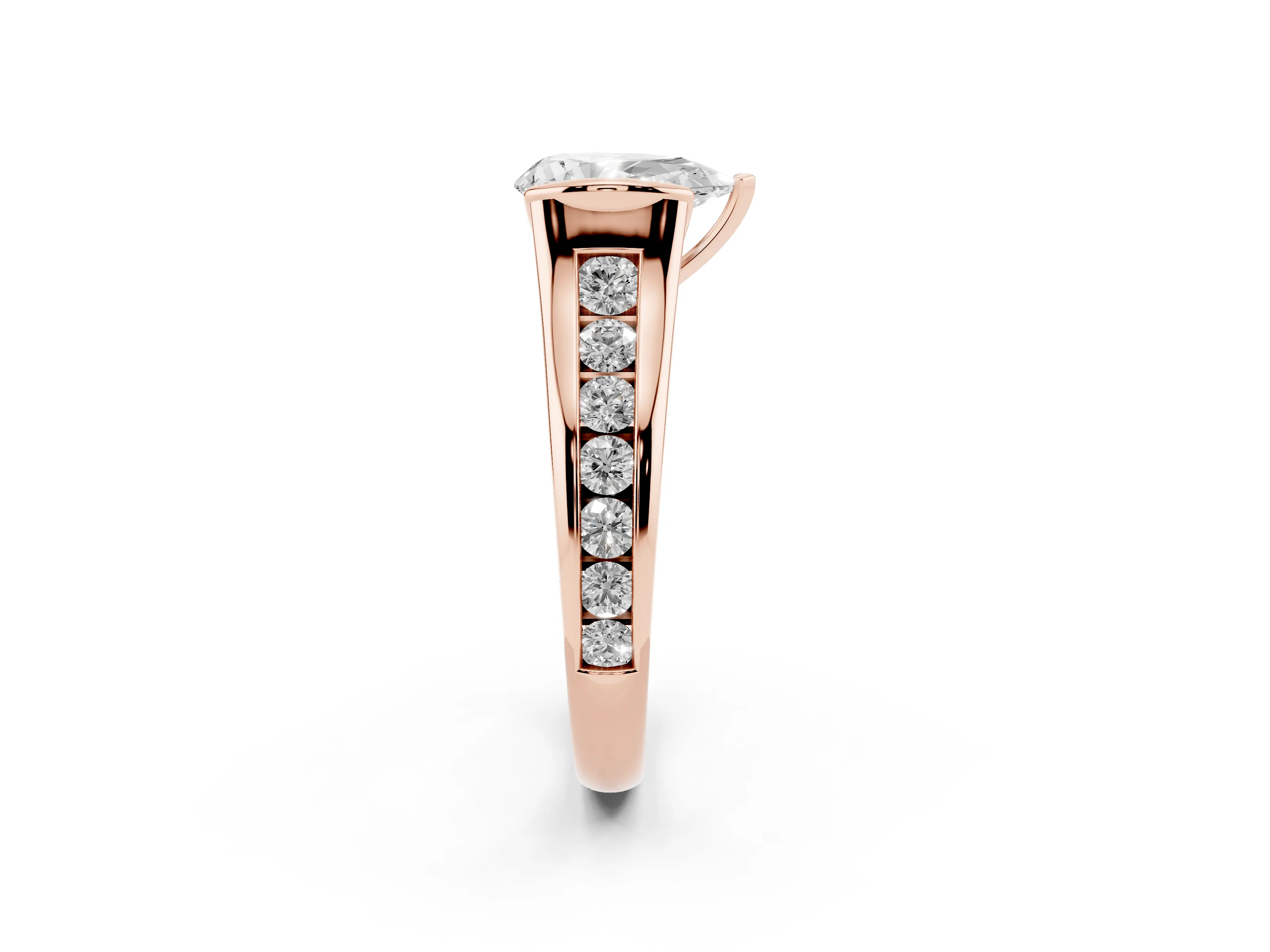 Pear Cut Diamond Bezel-Set Solitaire Ring Set in Rose gold with Channel-Set Band