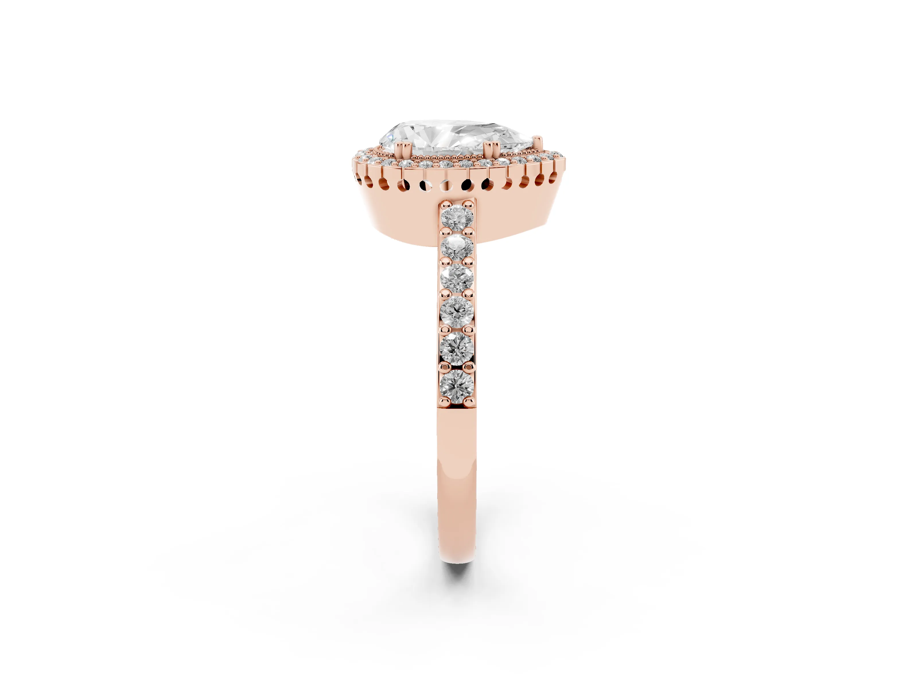 Pear Cut Diamond Halo Engagement Ring Set in Rose gold with Milgrain Detail and Pavé Band